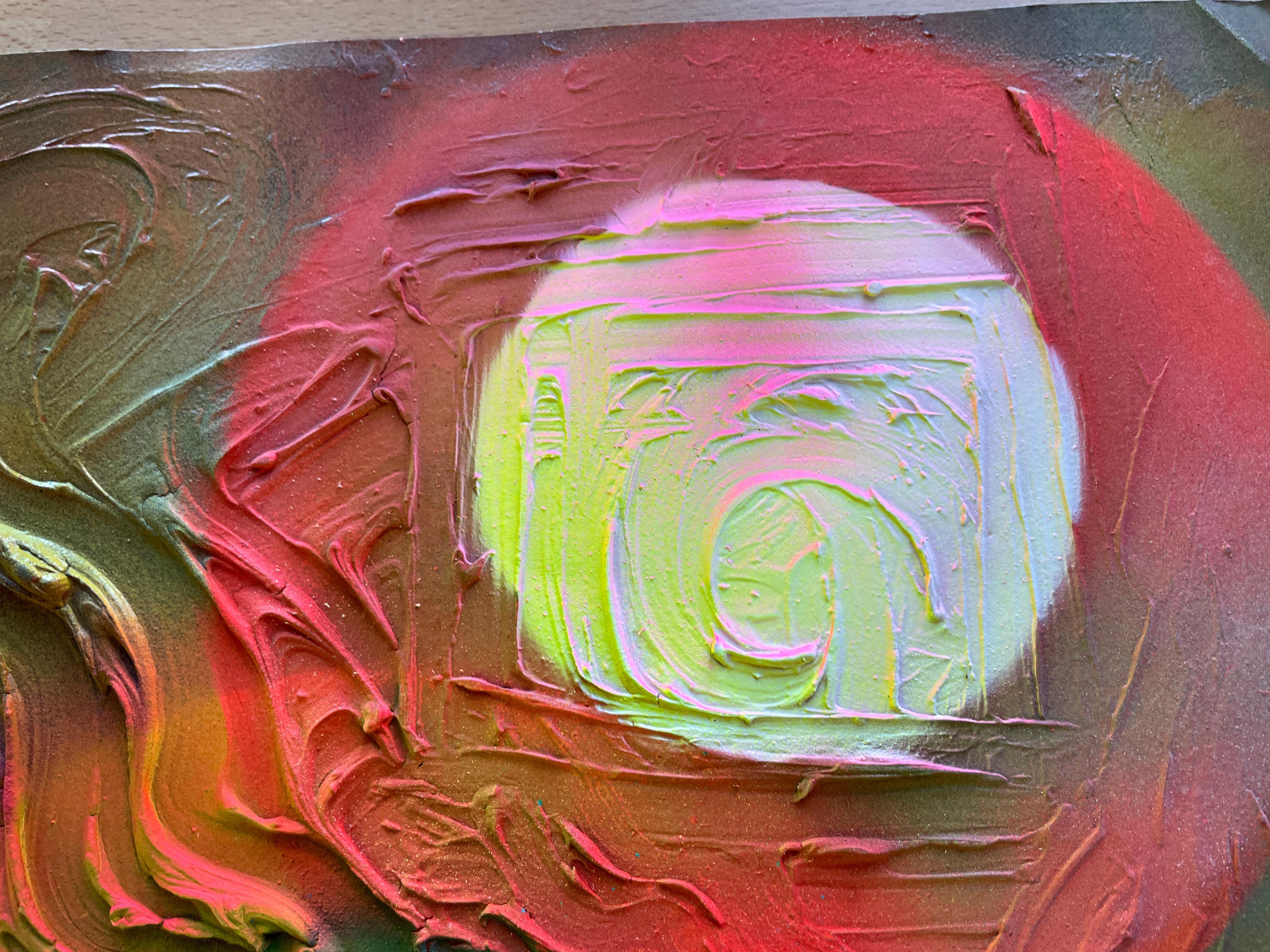 Abstract Transformation Circle 

This painting features an abstract artwork that combines resin techniques with circular relief on its surface. The resin, applied over the canvas, creates a smooth, glossy finish, while the relief in the form of