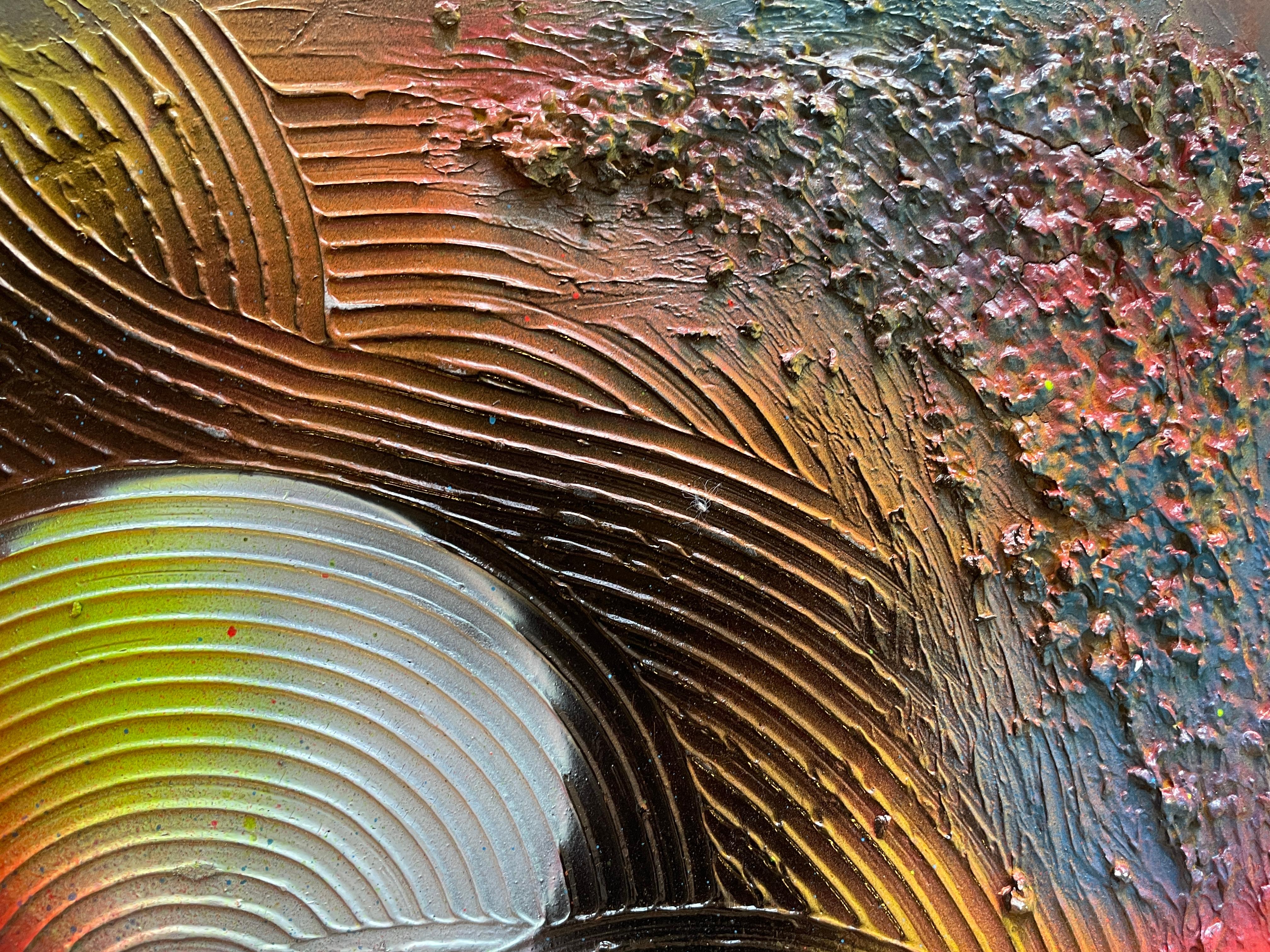 Abstract Transformation Circle 

This painting features an abstract artwork that combines resin techniques with circular relief on its surface. The resin, applied over the canvas, creates a smooth, glossy finish, while the relief in the form of
