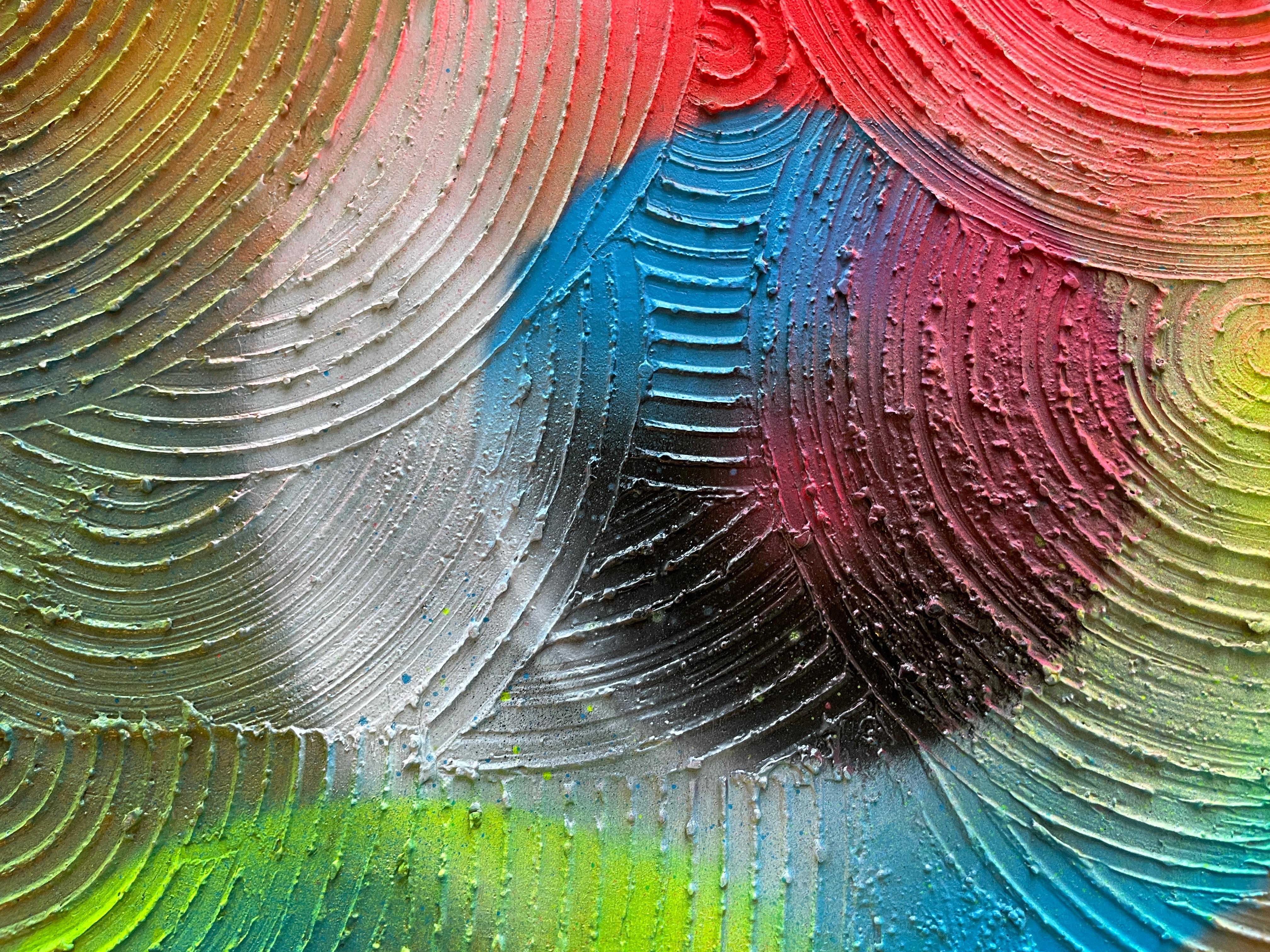 Cerchio di trasformazione astratto 

Questo quadro presenta un'opera d'arte astratta che combina tecniche di resina con rilievi circolari sulla sua superficie. La resina, applicata sulla tela, crea una finitura liscia e lucida, mentre il rilievo a