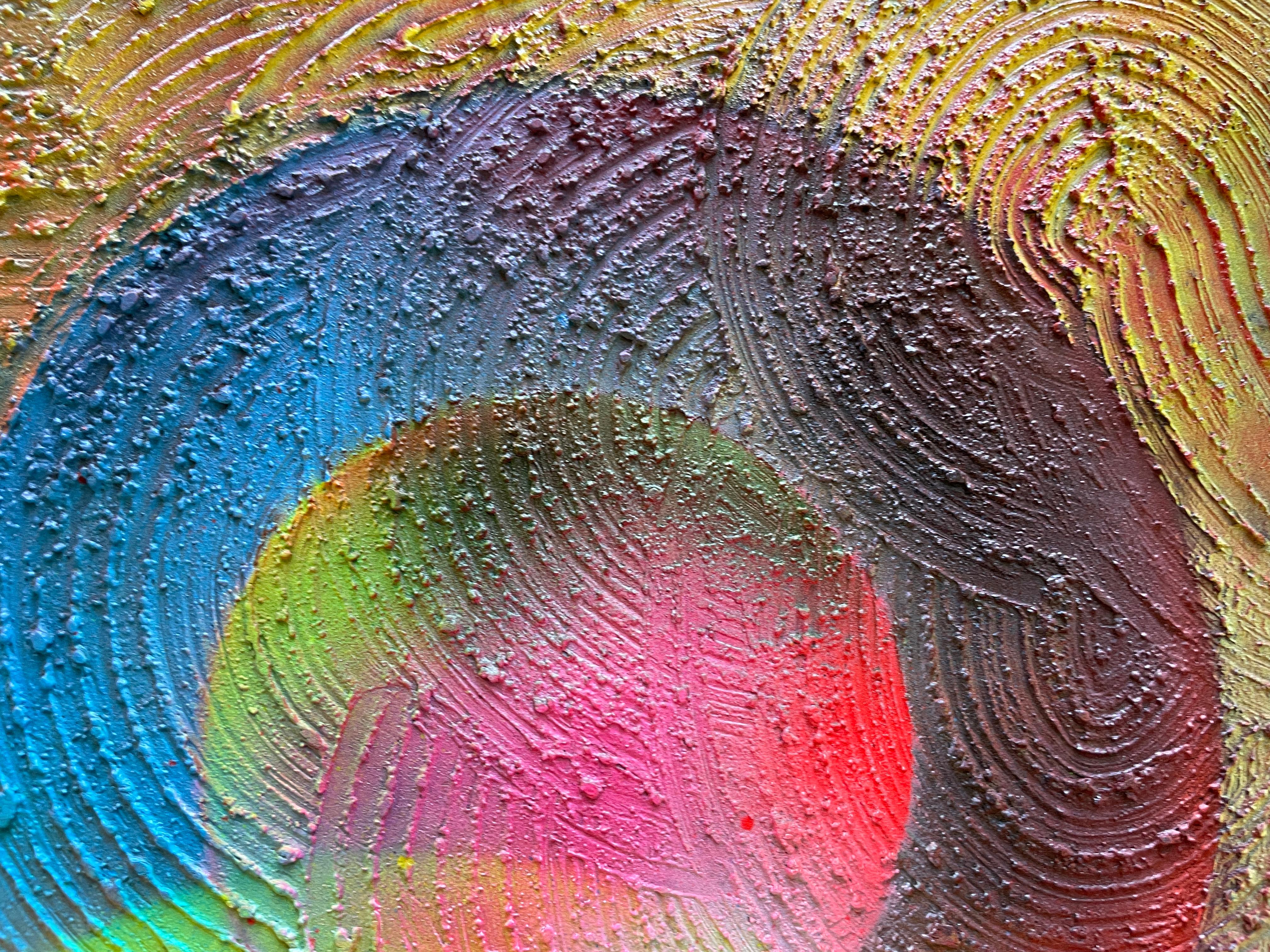 Cerchio di trasformazione astratto 

Questo quadro presenta un'opera d'arte astratta che combina tecniche di resina con rilievi circolari sulla sua superficie. La resina, applicata sulla tela, crea una finitura liscia e lucida, mentre il rilievo a