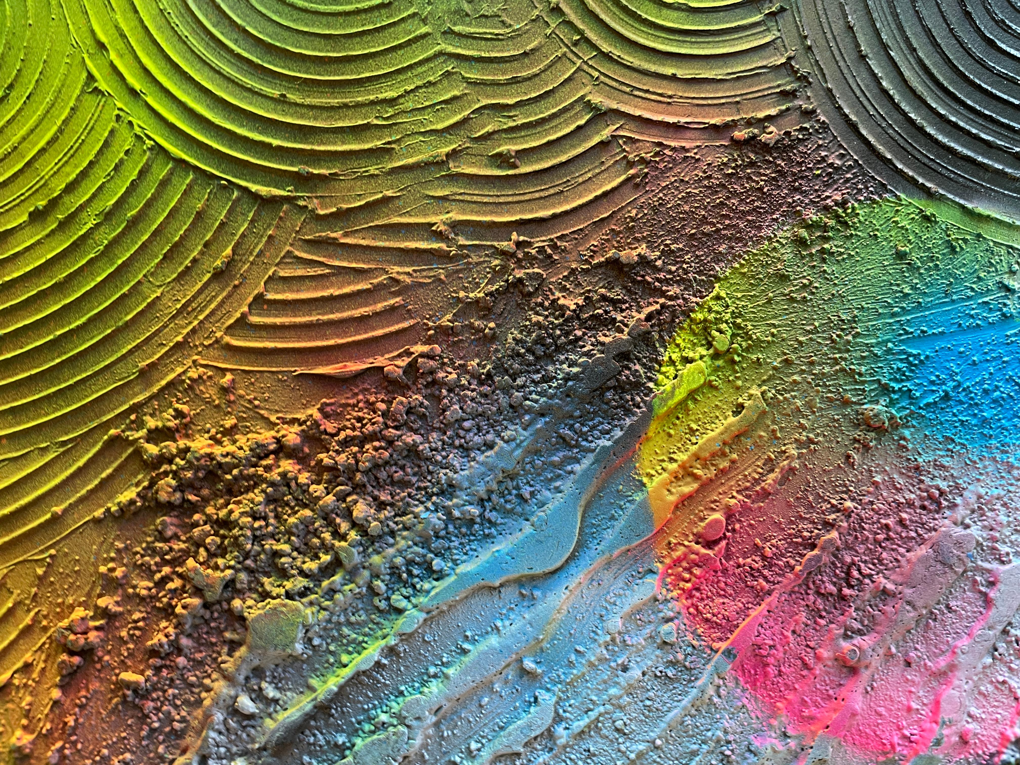 Cerchio di trasformazione astratto 

Questo quadro presenta un'opera d'arte astratta che combina tecniche di resina con rilievi circolari sulla sua superficie. La resina, applicata sulla tela, crea una finitura liscia e lucida, mentre il rilievo a