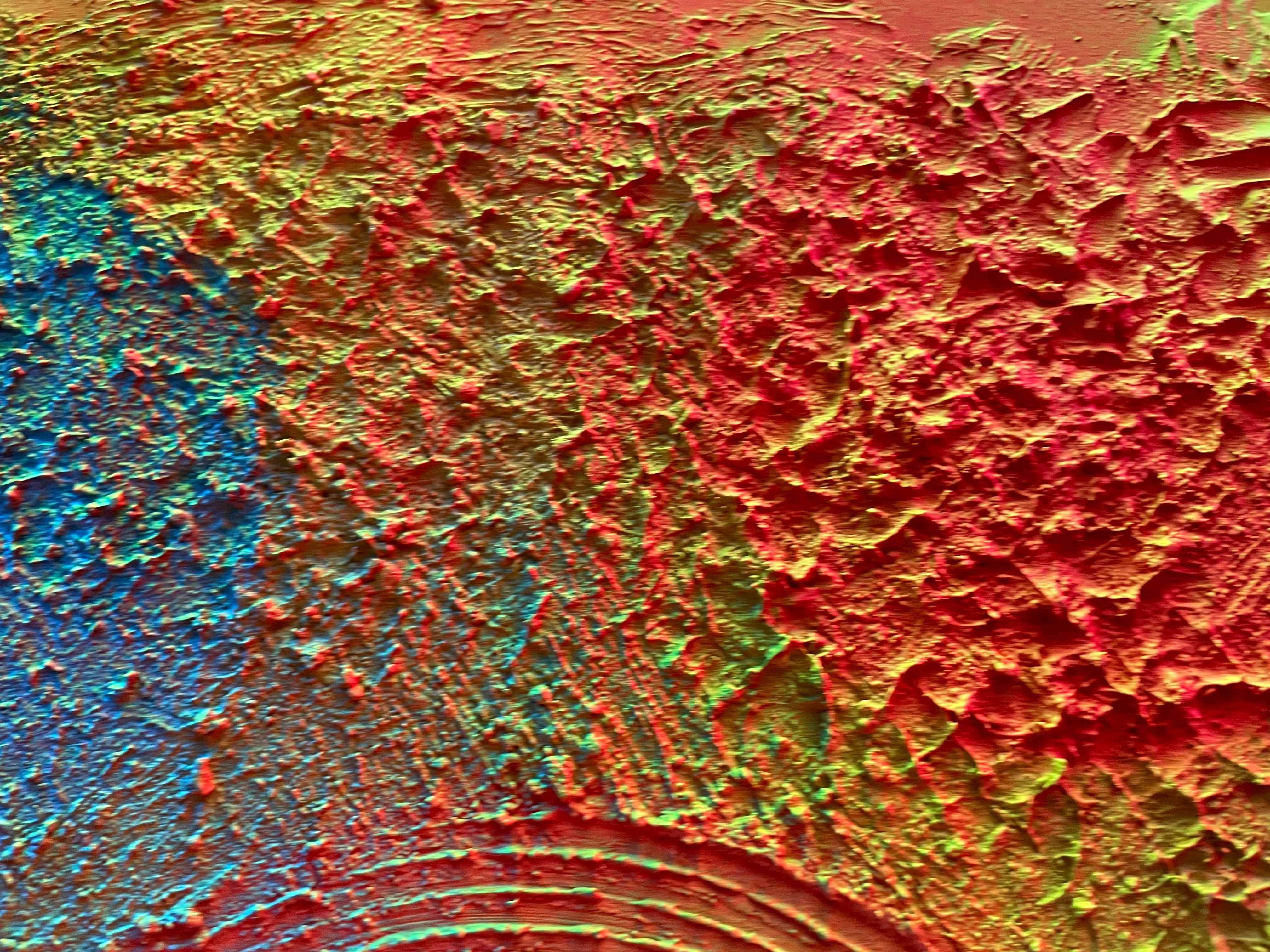 Cerchio di trasformazione astratto 

Questo quadro presenta un'opera d'arte astratta che combina tecniche di resina con rilievi circolari sulla sua superficie. La resina, applicata sulla tela, crea una finitura liscia e lucida, mentre il rilievo a