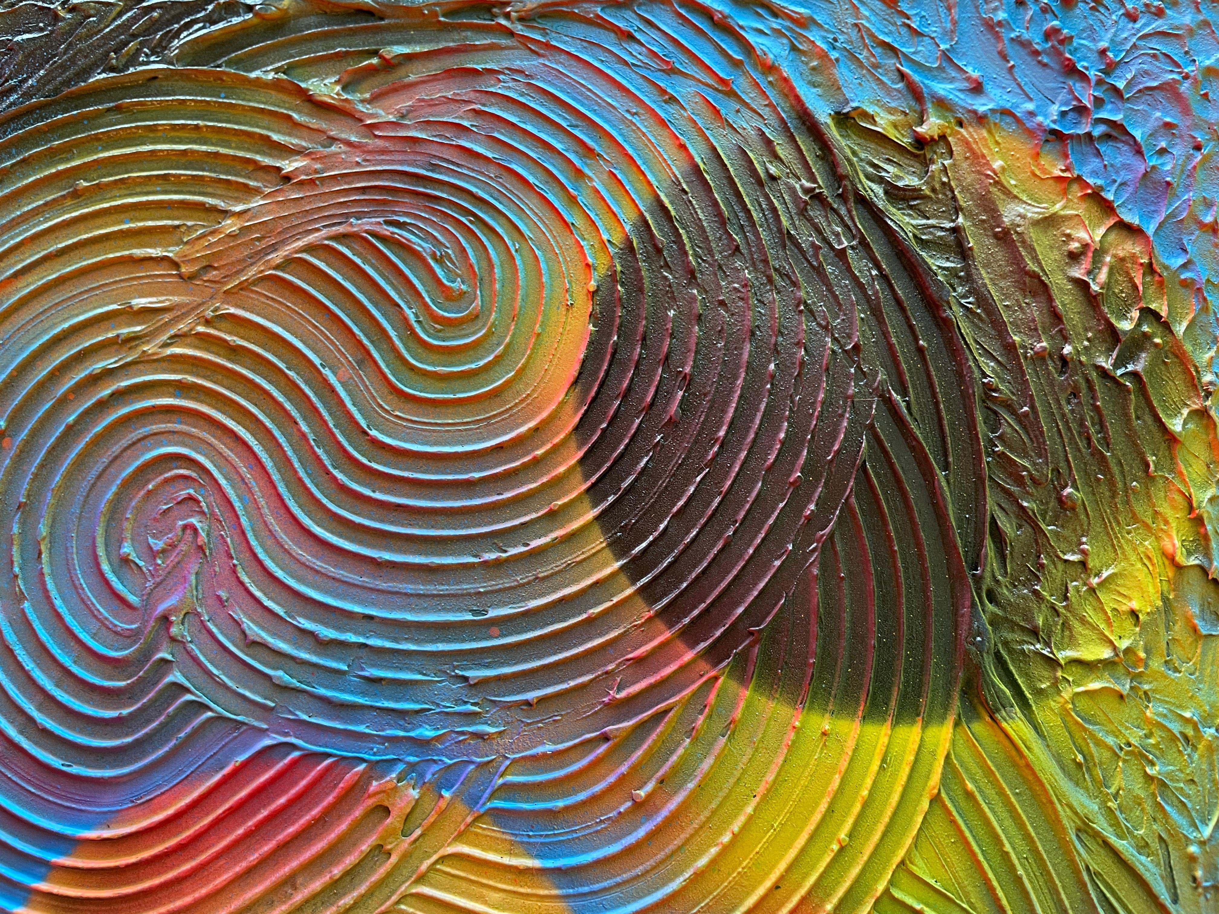 Abstrakter Transformationskreis 

Dieses Gemälde ist ein abstraktes Kunstwerk, das Harztechniken mit einem kreisförmigen Relief auf seiner Oberfläche kombiniert. Das Harz, das auf die Leinwand aufgetragen wird, sorgt für eine glatte, glänzende