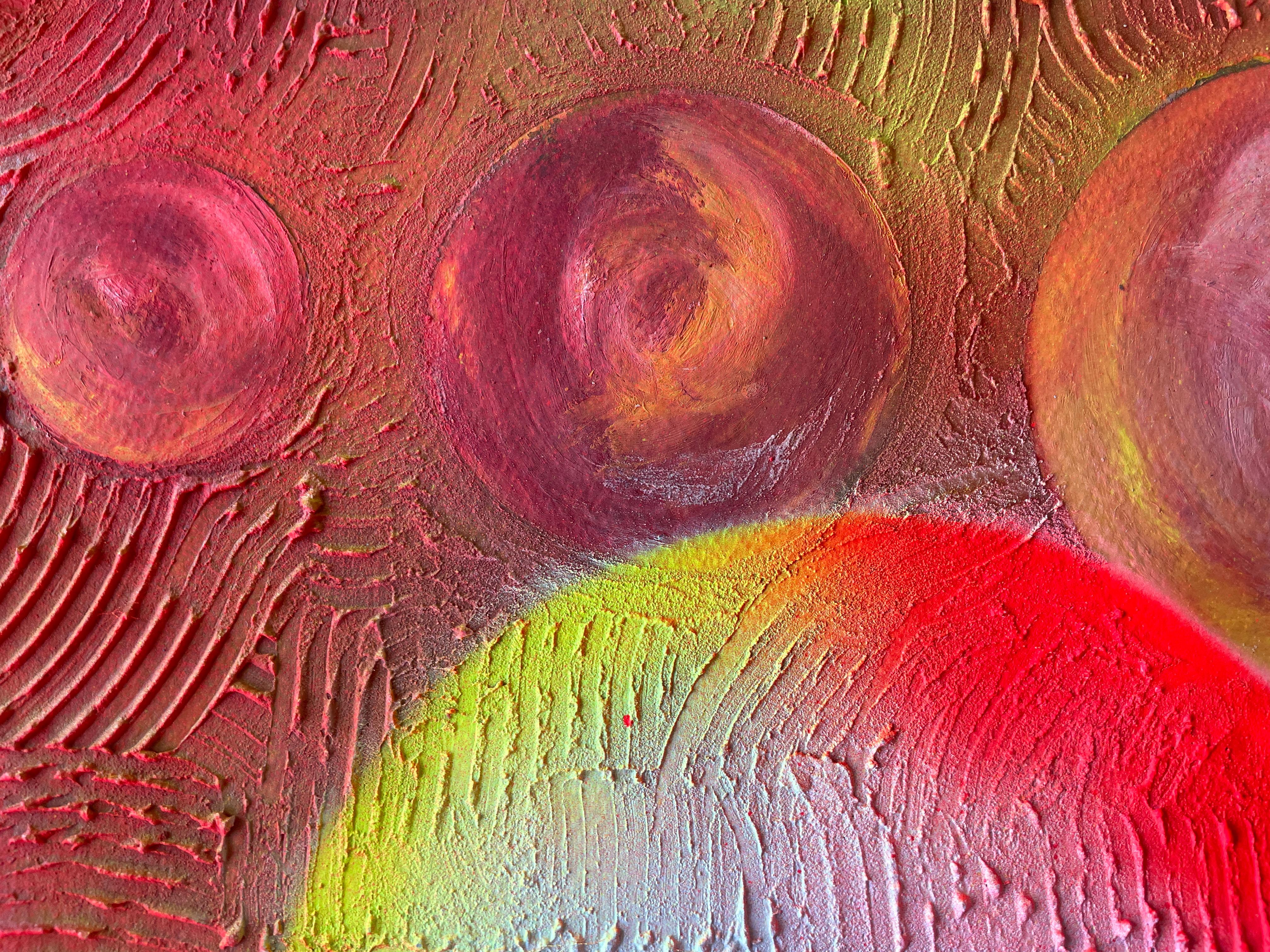 Abstrakter Transformationskreis 

Dieses Gemälde ist ein abstraktes Kunstwerk, das Harztechniken mit einem kreisförmigen Relief auf seiner Oberfläche kombiniert. Das Harz, das auf die Leinwand aufgetragen wird, sorgt für eine glatte, glänzende