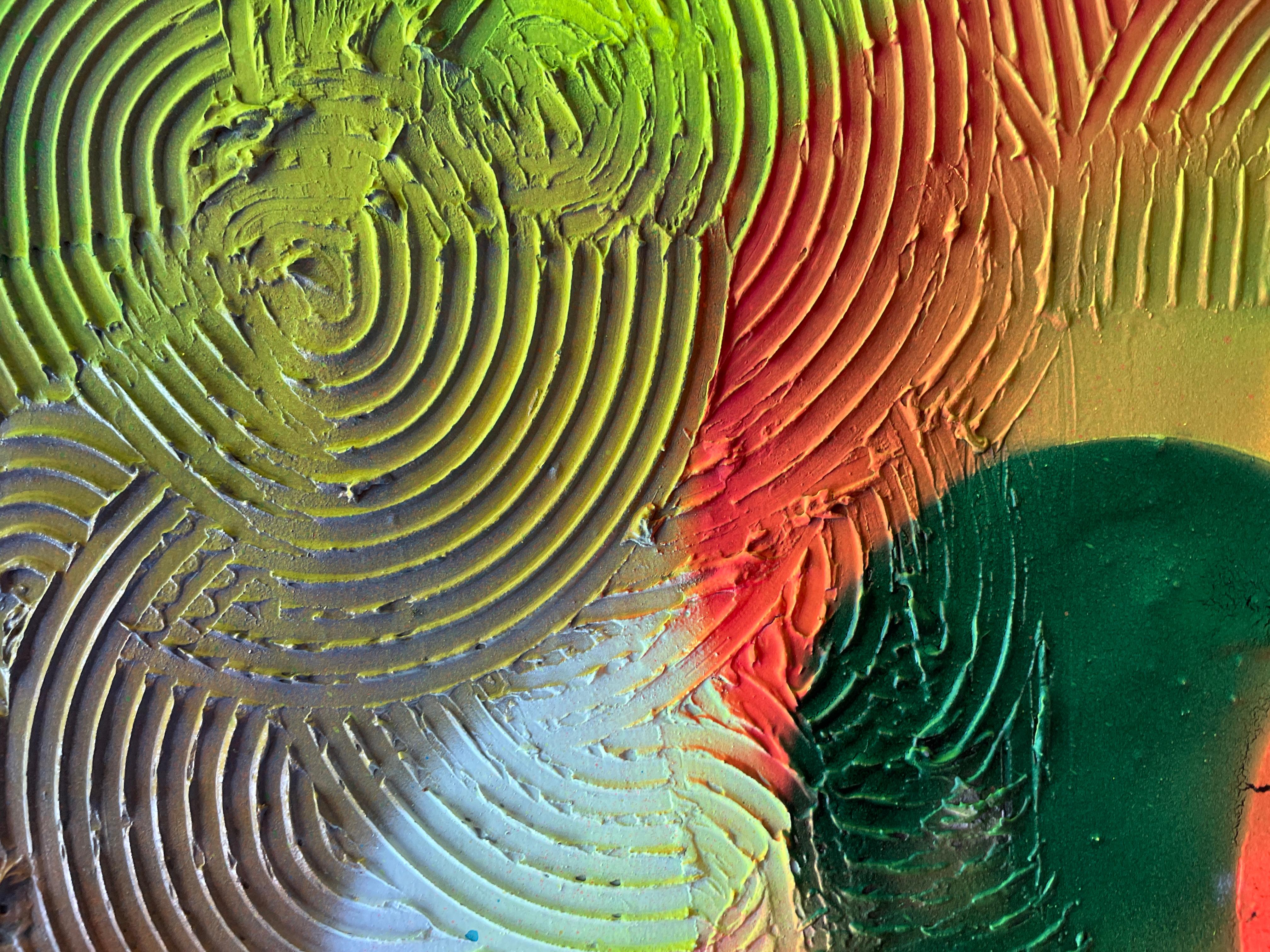 Abstract Transformation Circle 

This painting features an abstract artwork that combines resin techniques with circular relief on its surface. The resin, applied over the canvas, creates a smooth, glossy finish, while the relief in the form of