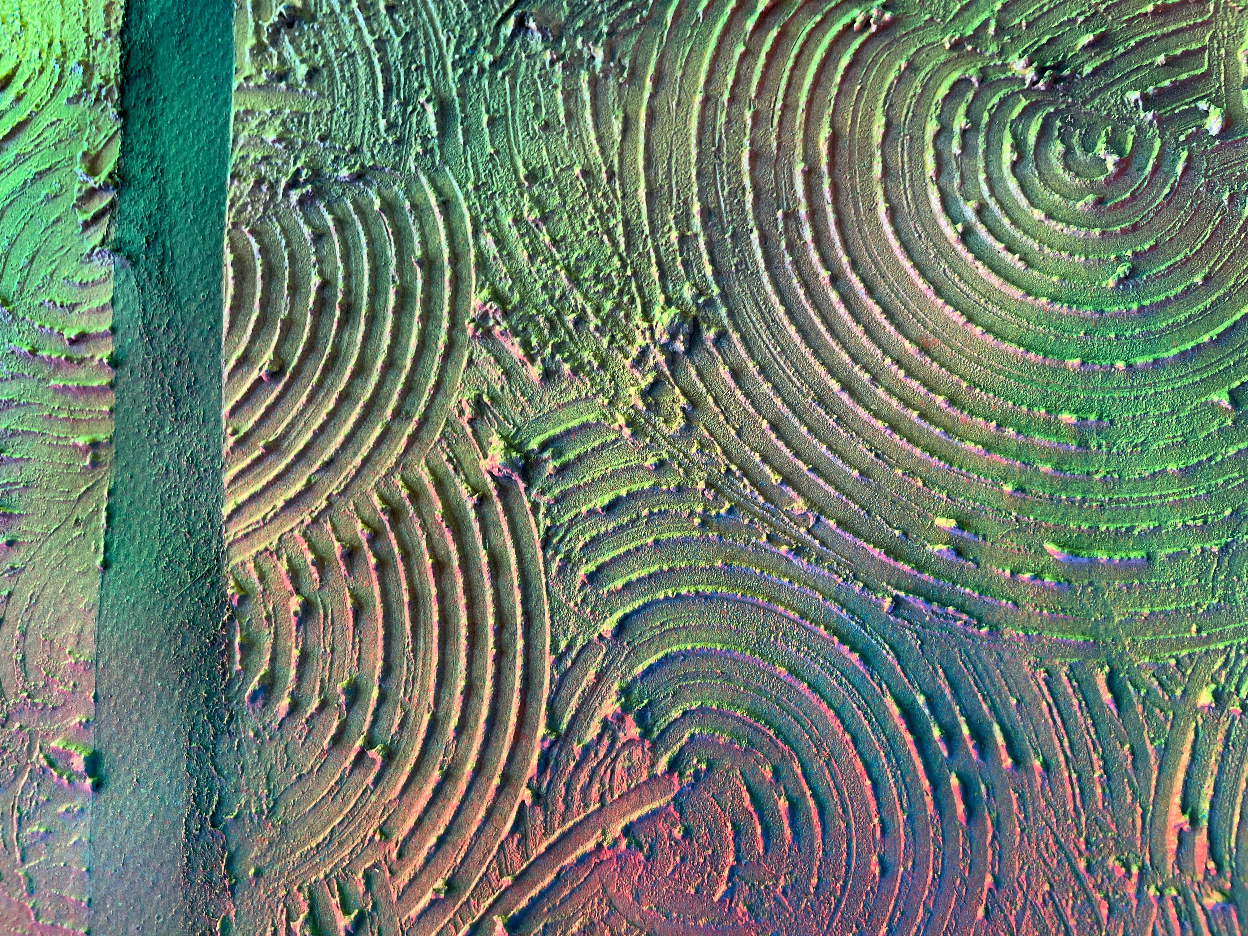 Abstract Transformation Circle 

This painting features an abstract artwork that combines resin techniques with circular relief on its surface. The resin, applied over the canvas, creates a smooth, glossy finish, while the relief in the form of