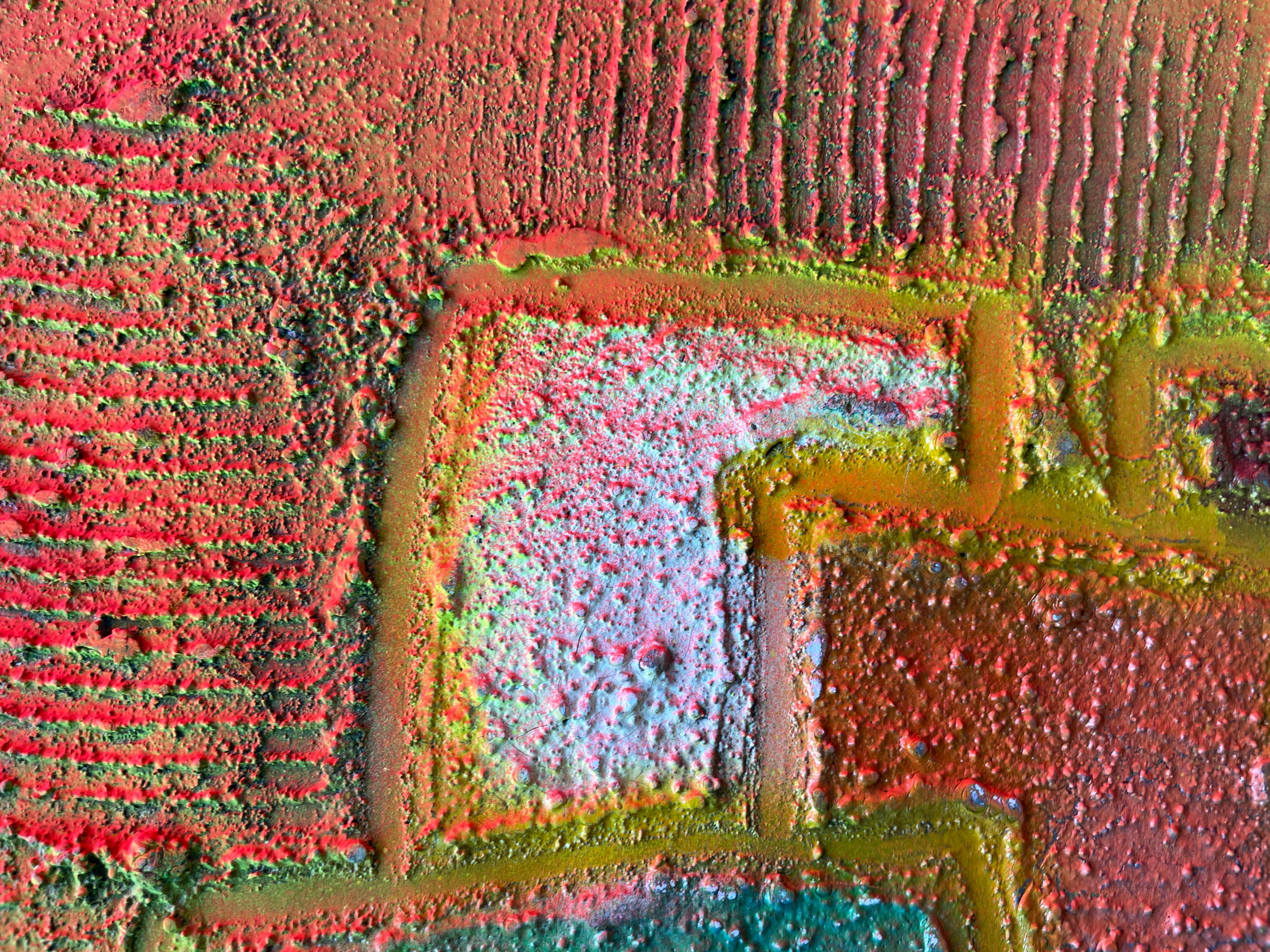 Cercle de transformation abstrait 

Ce tableau présente une œuvre d'art abstraite qui combine des techniques de résine avec des reliefs circulaires sur sa surface. La résine, appliquée sur la toile, crée une finition lisse et brillante, tandis que