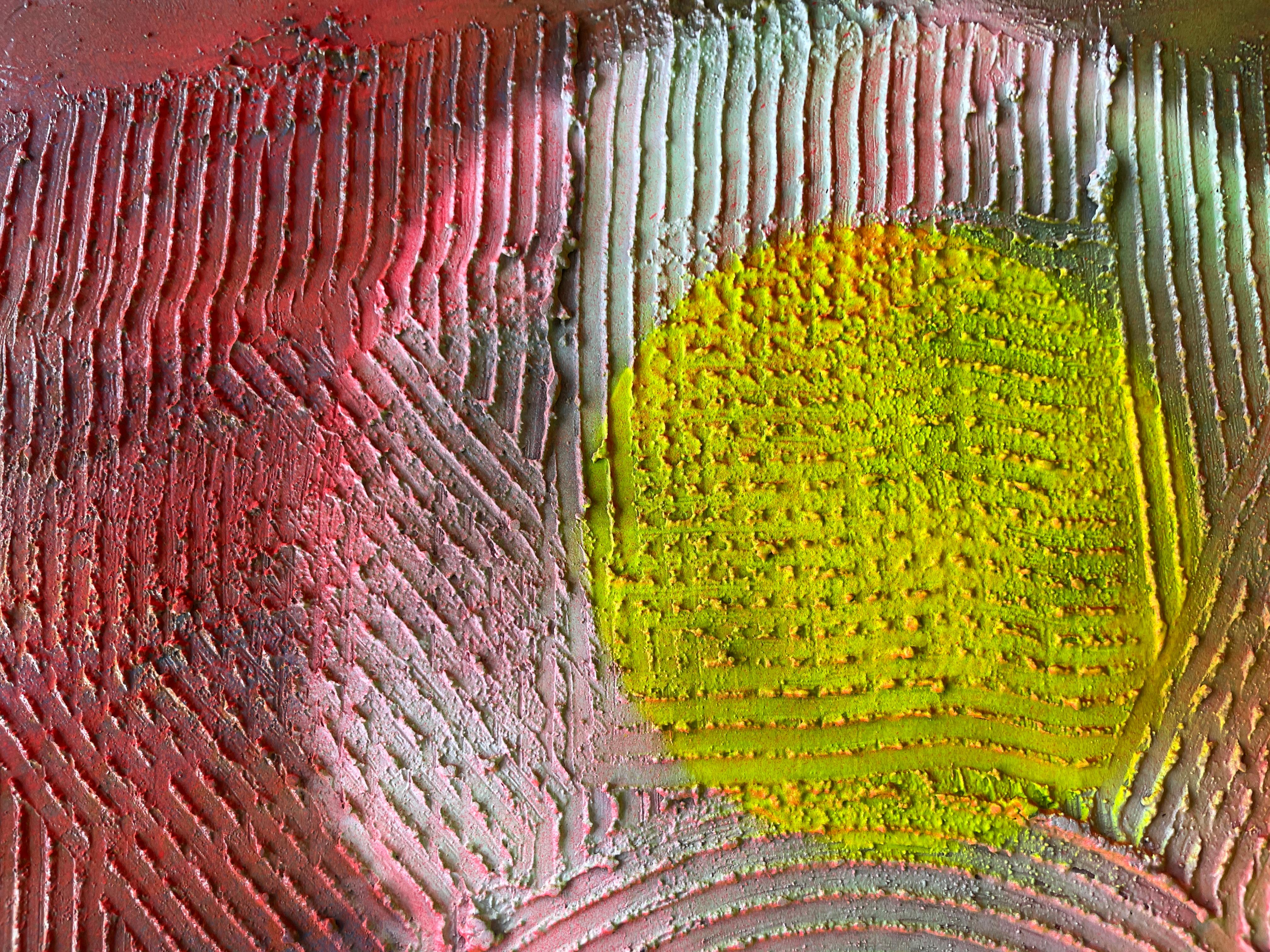 Cercle de transformation abstrait 

Ce tableau présente une œuvre d'art abstraite qui combine des techniques de résine avec des reliefs circulaires sur sa surface. La résine, appliquée sur la toile, crée une finition lisse et brillante, tandis que