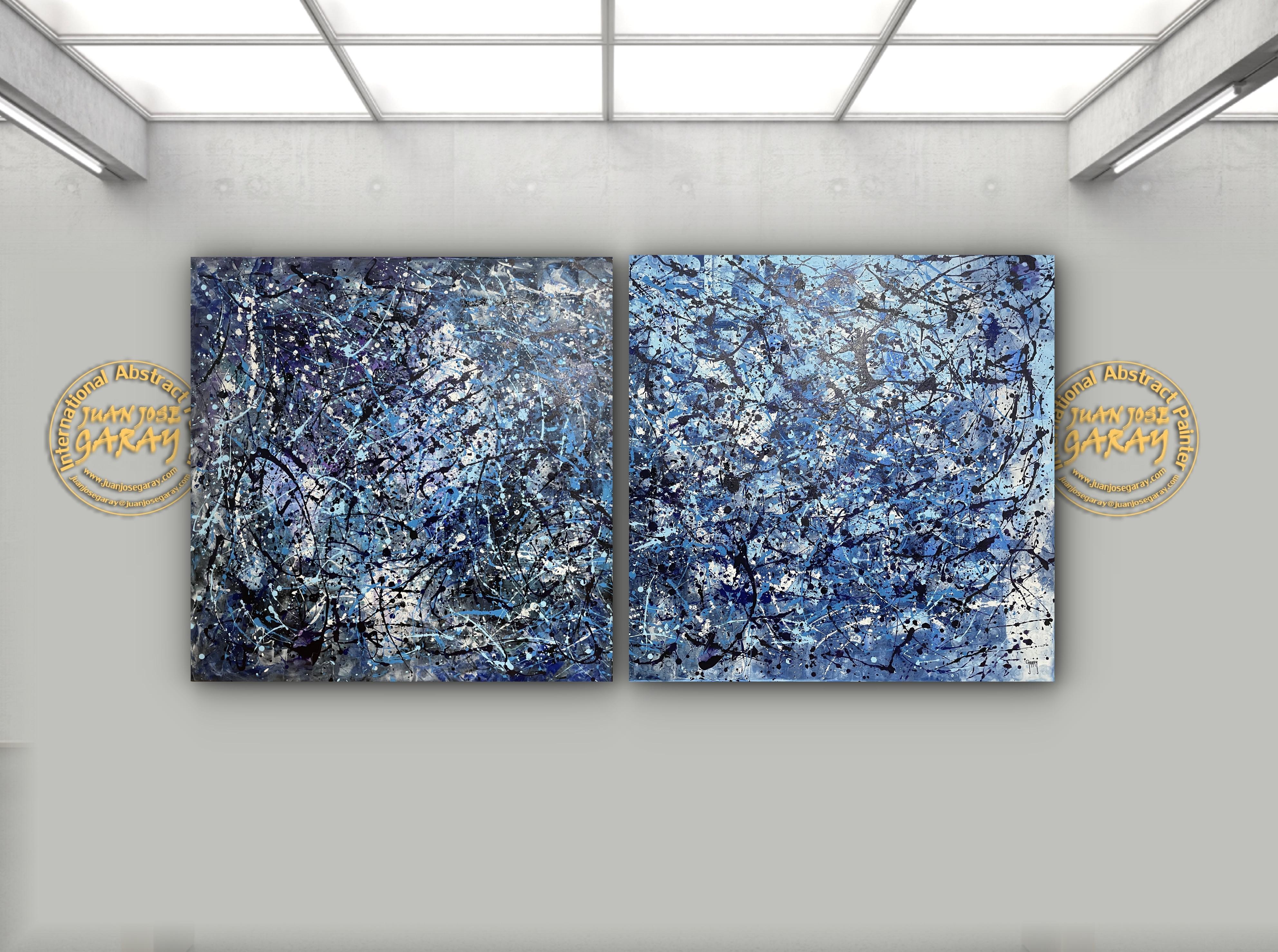 Abstrakte Abstraktion in Blau und Weiß – Painting von Juan Jose Garay