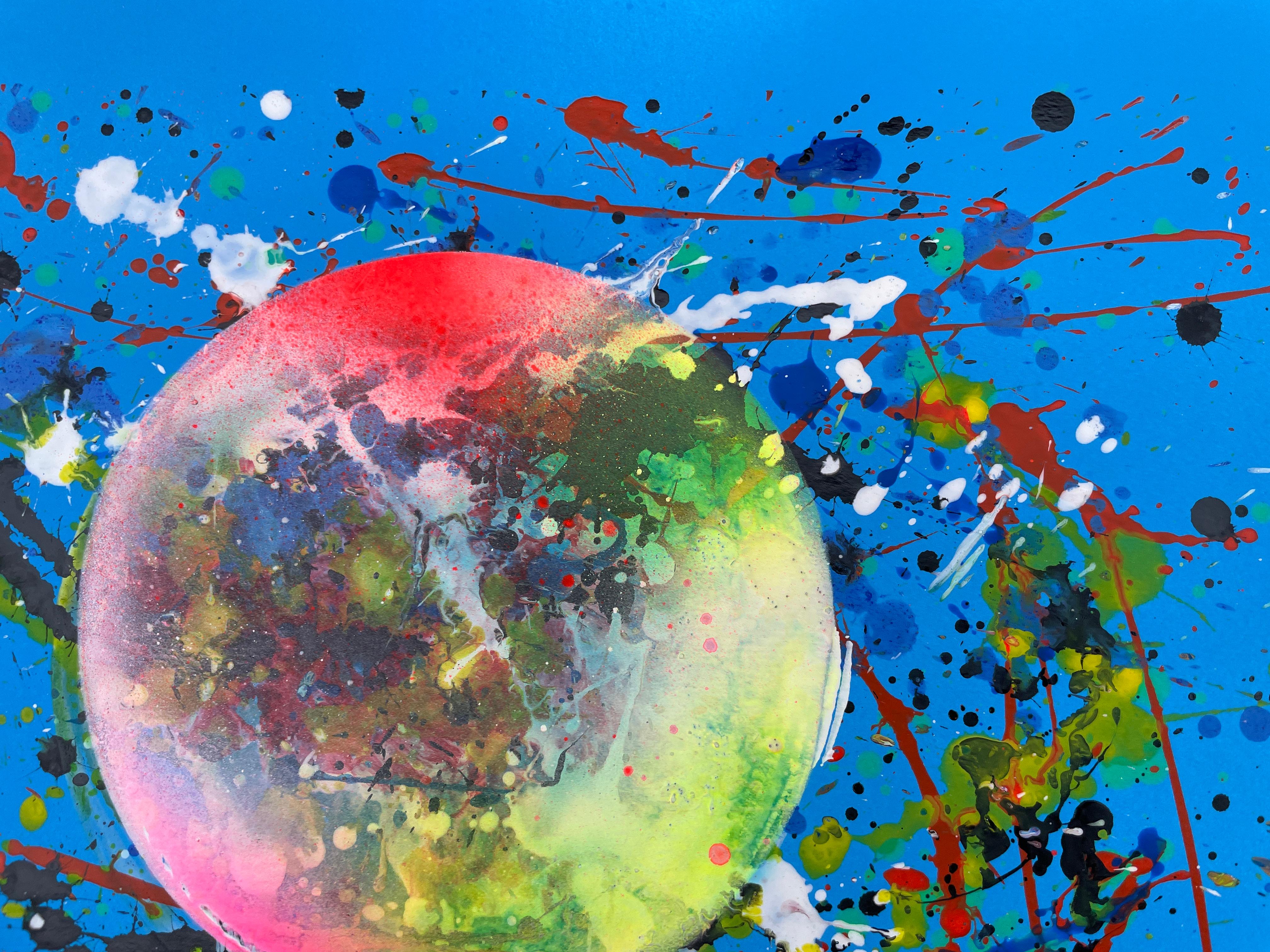 Dieses Gemälde sieht aus wie eine Explosion des Lebens, das aus dem Chaos aufsteigt: eine leuchtende Kugel, die inmitten eines Sturms von Farben und Spritzern wiedergeboren wird.

Stellen Sie sich vor, diese Kugel sei das Herz eines Phönix, der