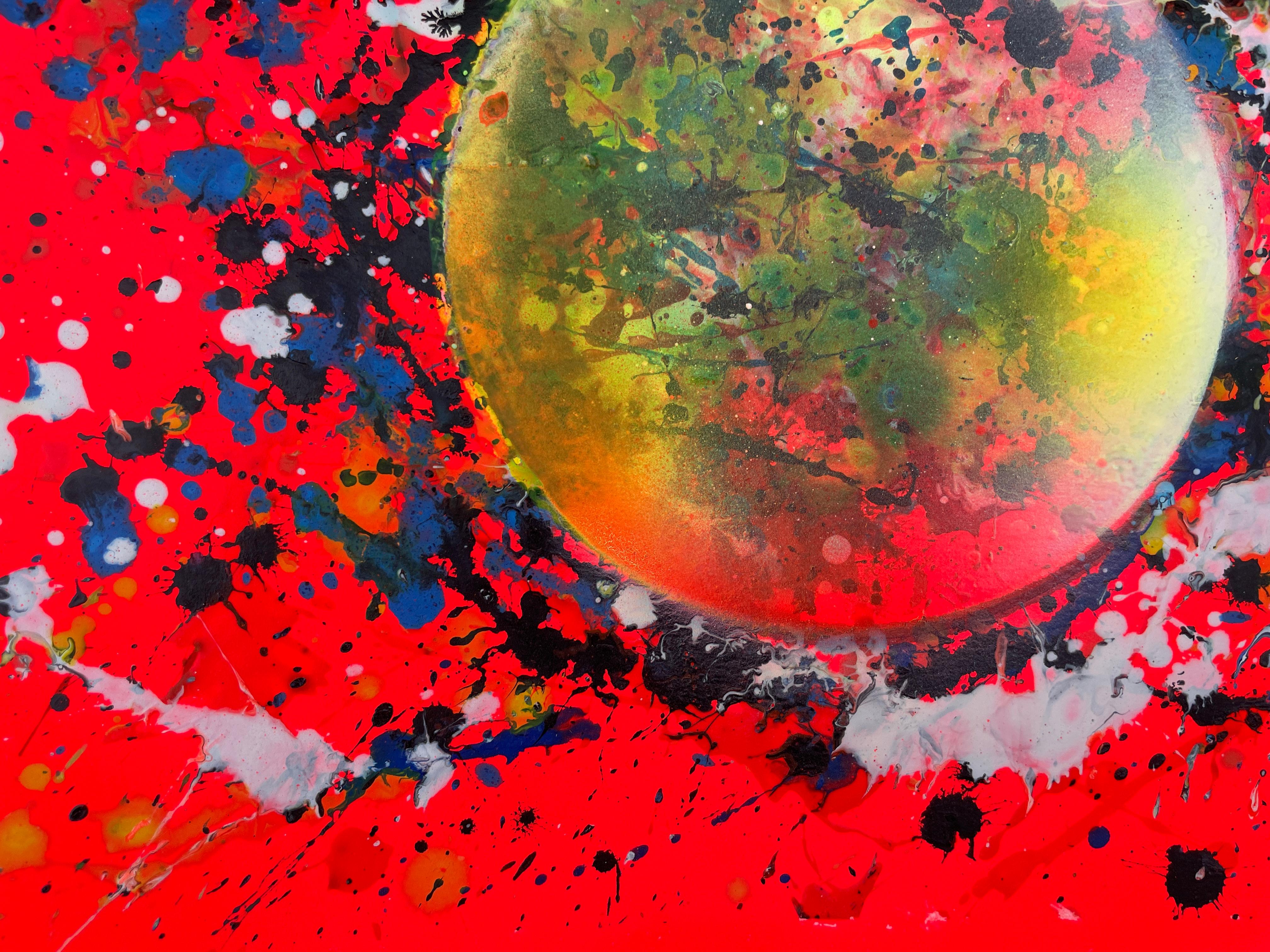 Dieses Gemälde sieht aus wie eine Explosion des Lebens, das aus dem Chaos aufsteigt: eine leuchtende Kugel, die inmitten eines Sturms von Farben und Spritzern wiedergeboren wird.

Stellen Sie sich vor, diese Kugel sei das Herz eines Phönix, der