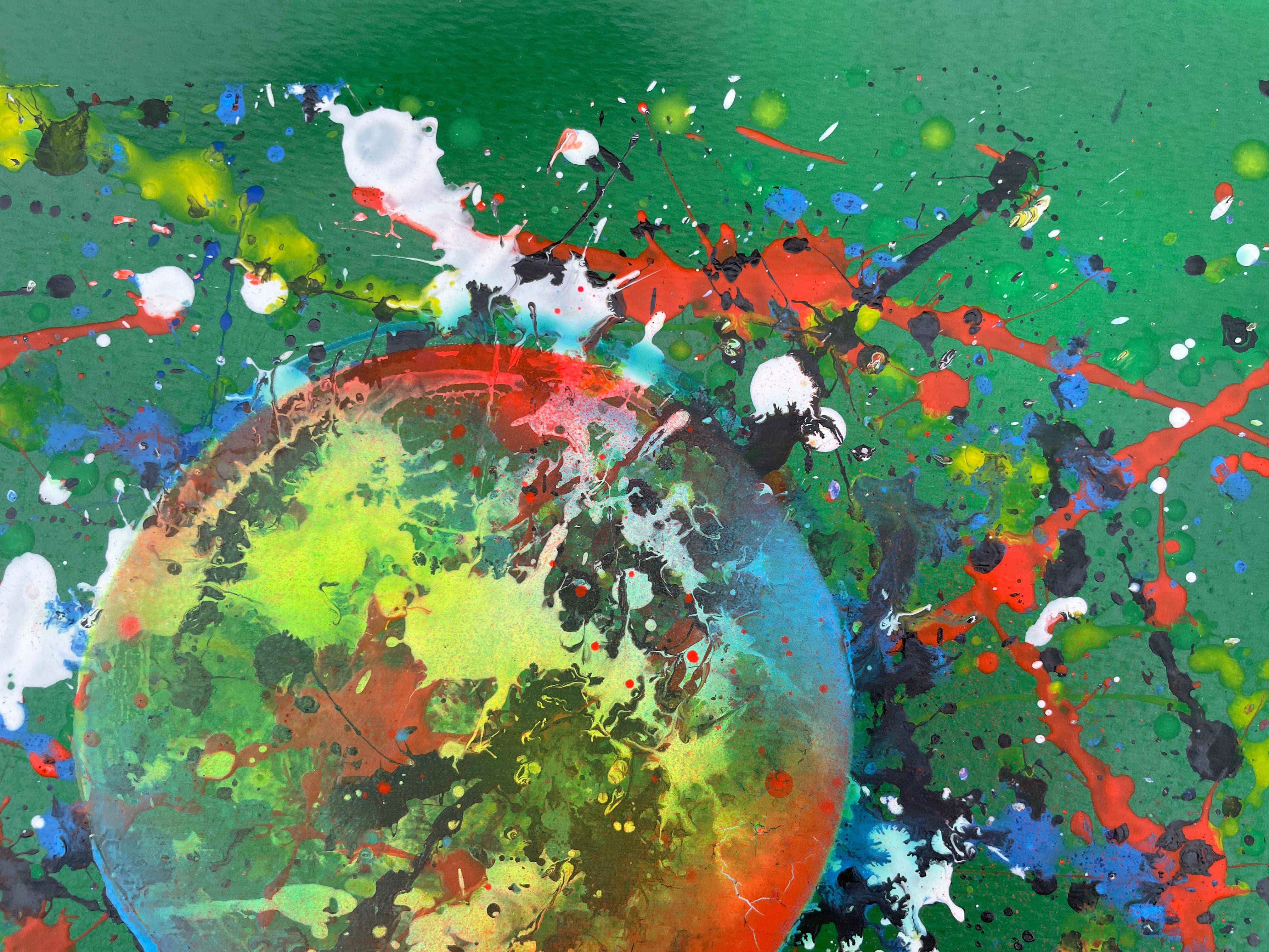 Dieses Gemälde sieht aus wie eine Explosion des Lebens, das aus dem Chaos aufsteigt: eine leuchtende Kugel, die inmitten eines Sturms von Farben und Spritzern wiedergeboren wird.

Stellen Sie sich vor, diese Kugel sei das Herz eines Phönix, der