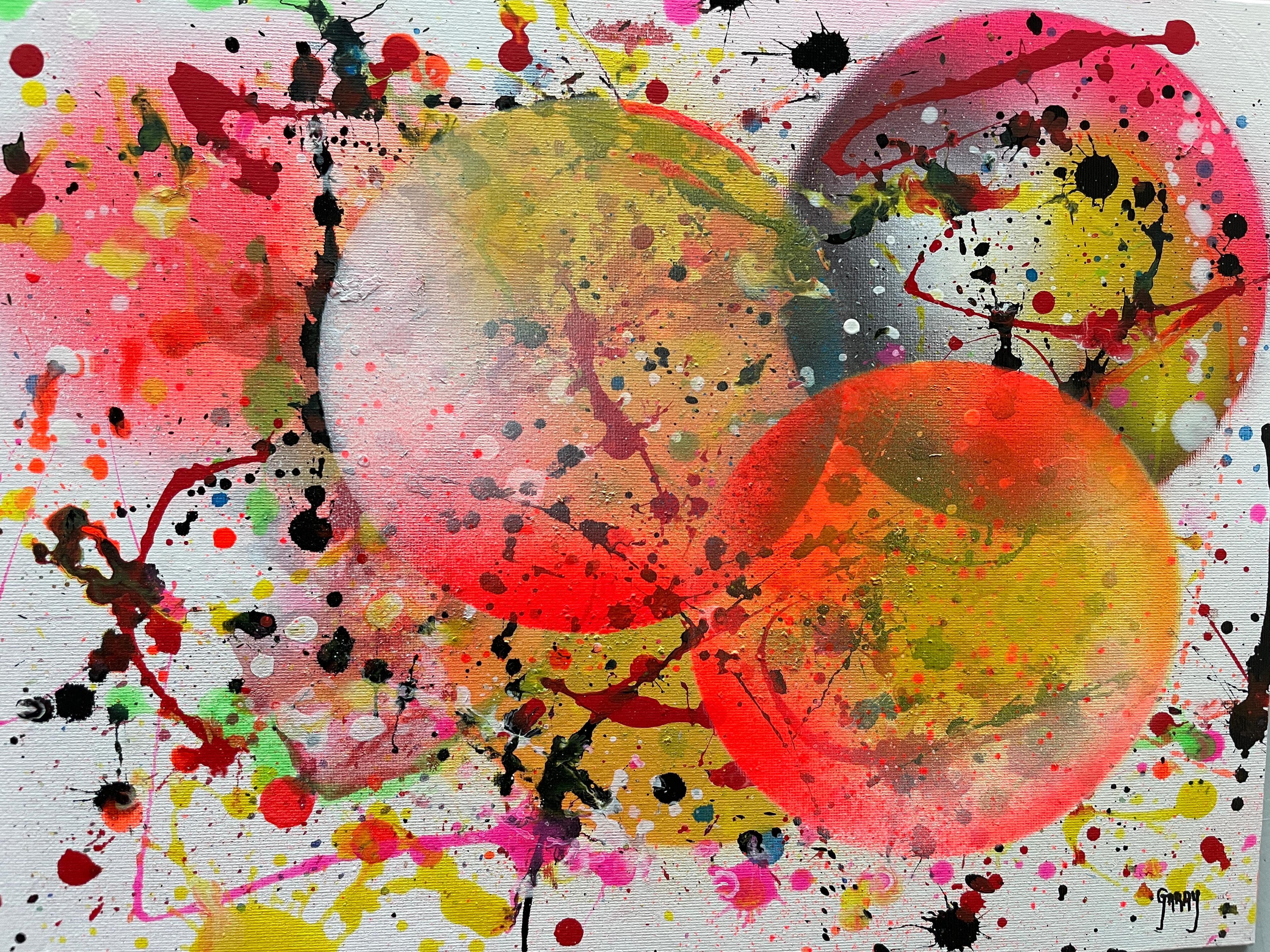 Dieses Gemälde sieht aus wie eine Explosion des Lebens, das aus dem Chaos aufsteigt: eine leuchtende Kugel, die inmitten eines Sturms von Farben und Spritzern wiedergeboren wird.

Stellen Sie sich vor, diese Kugel sei das Herz eines Phönix, der