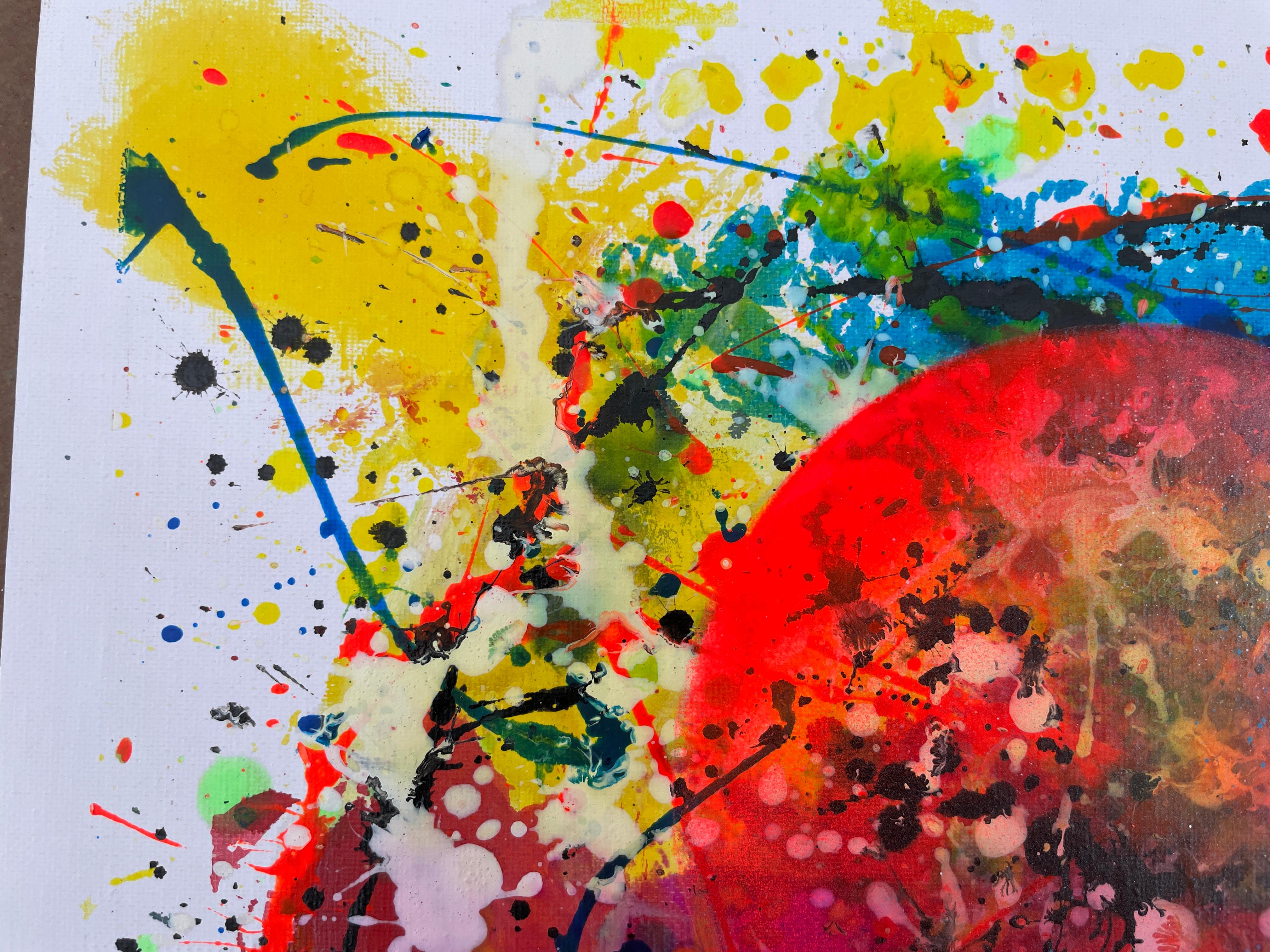 Dieses Gemälde sieht aus wie eine Explosion des Lebens, das aus dem Chaos aufsteigt: eine leuchtende Kugel, die inmitten eines Sturms von Farben und Spritzern wiedergeboren wird.

Stellen Sie sich vor, diese Kugel sei das Herz eines Phönix, der