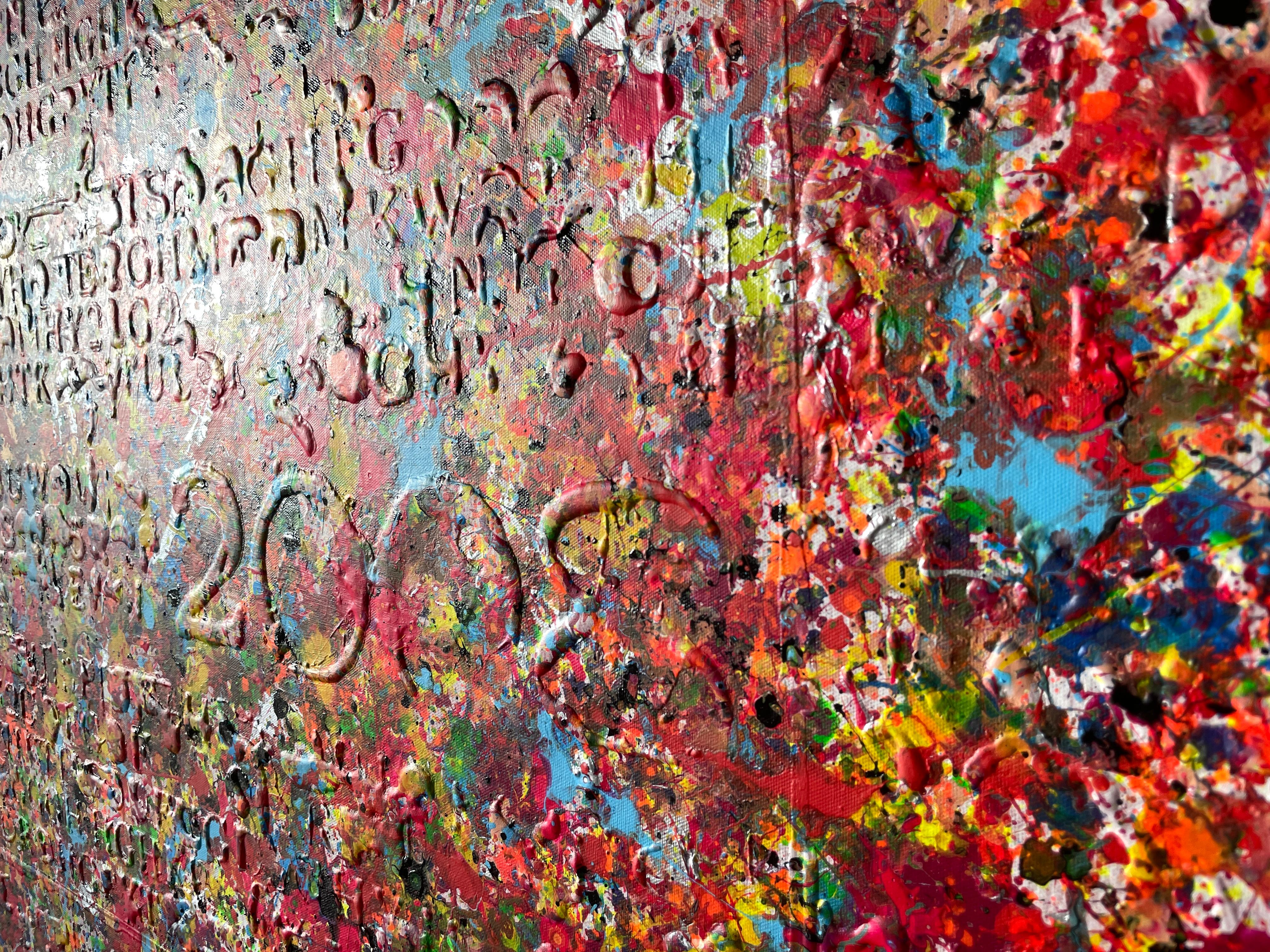 Beyond Words and Numbers

The painting features a dynamic, textured background composed of letters and numbers in various sizes and typographic styles. These characters are scattered irregularly, creating a base that blends orderly patterns with