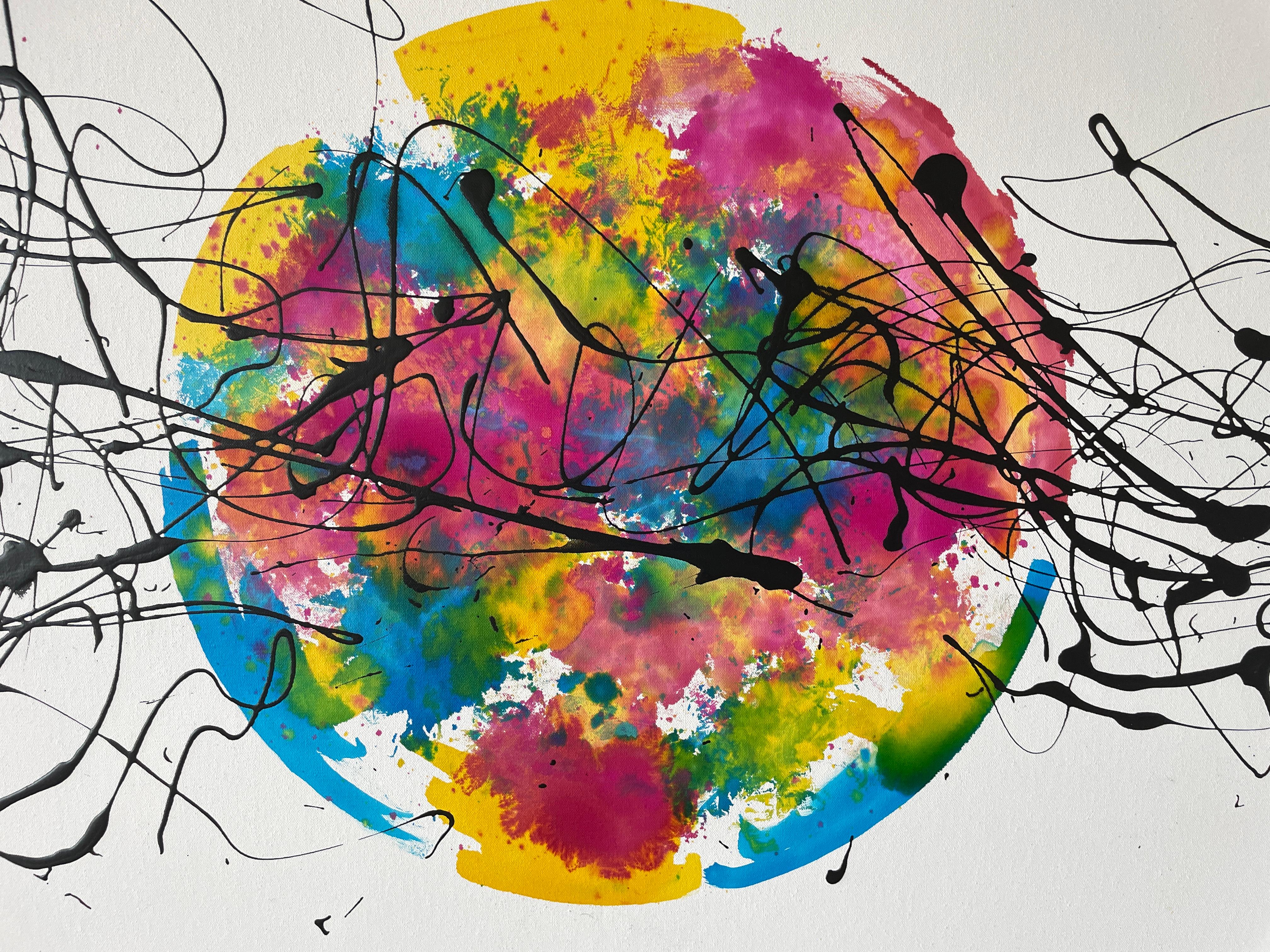 Pittura: Acrilico su tela. 
Quest'opera è un'esplosione di energia e passione che desidera catturare con colori vivi e movimenti caotici. Utilizza acrílico ed esmalte per creare una texture vibrante che trasmetta il desiderio naturale e la forza