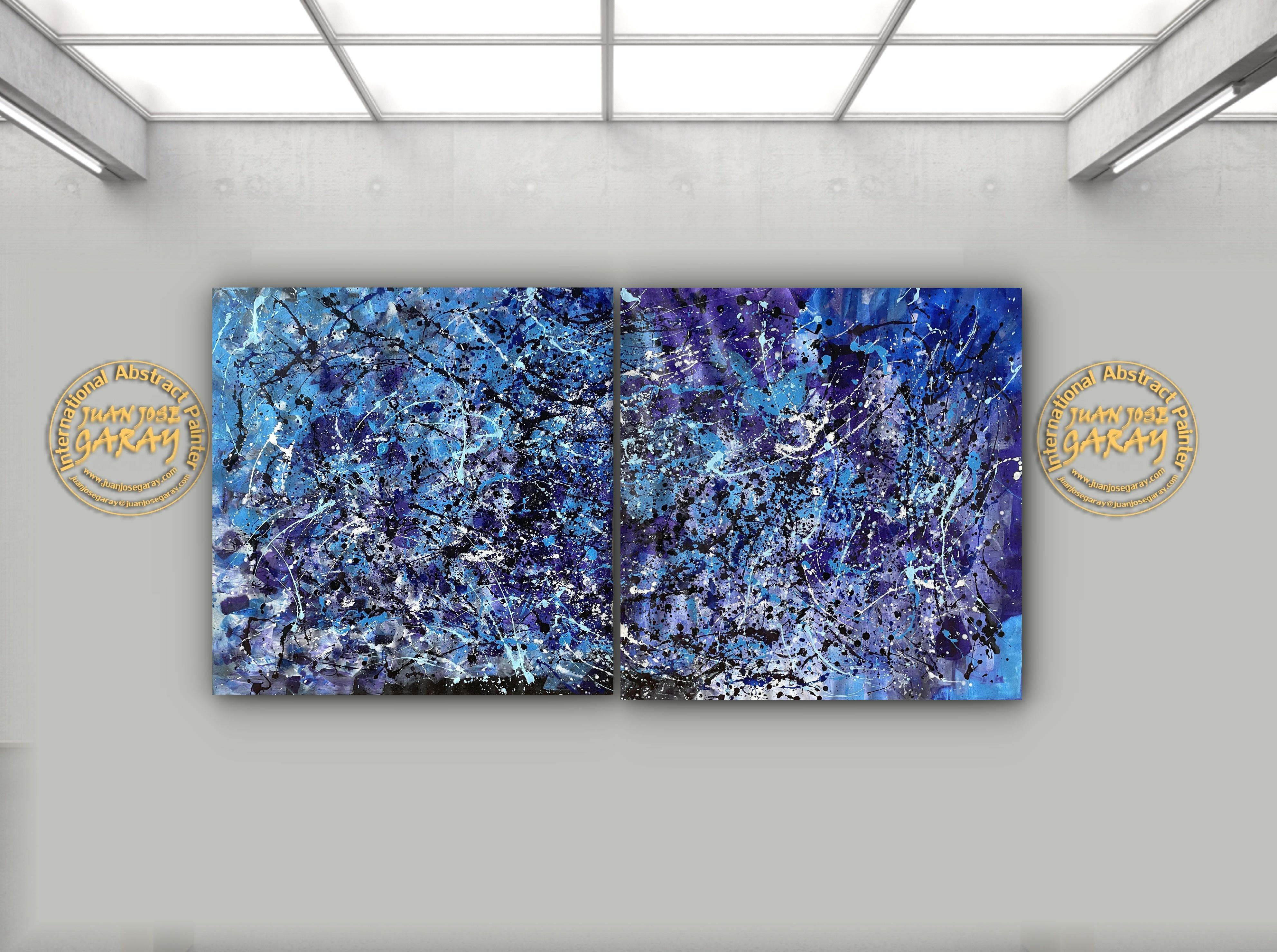 Kaskaden des ewigen Blaus
Das Diptychon 100x100 cmz + 100x100cms präsentiert sich als eine visuelle Explosion von Energie und Bewegung, aufgeteilt in zwei Leinwände, die miteinander kommunizieren. Die einzelnen Panels sind zwar unabhängig