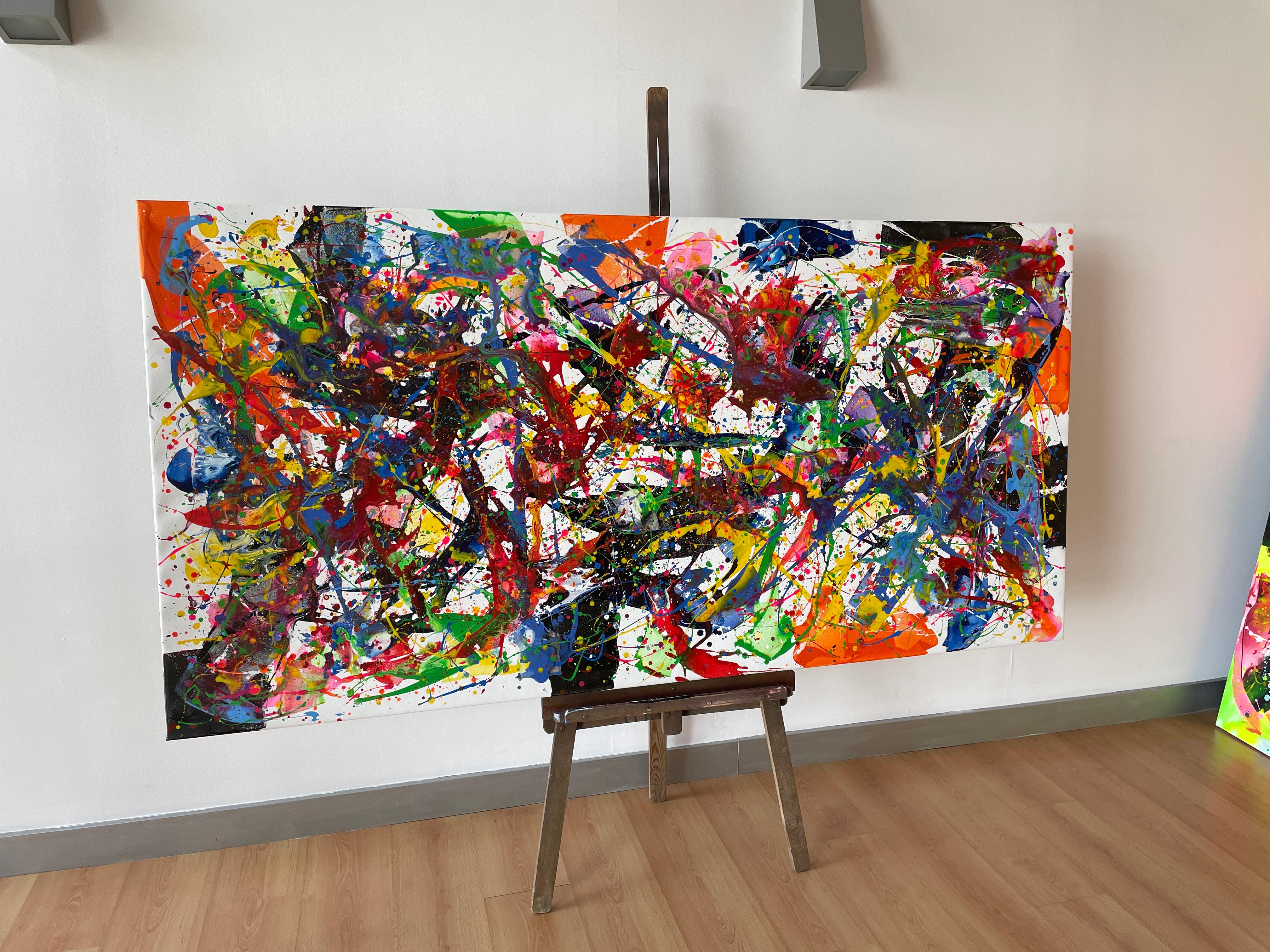 Pittura: Acrilico e smalto su tela. 
Quest'opera è un'esplosione di energia e passione che desidera catturare con colori vivi e movimenti caotici. Utilizza acrílico ed esmalte per creare una texture vibrante che trasmetta il desiderio naturale e la