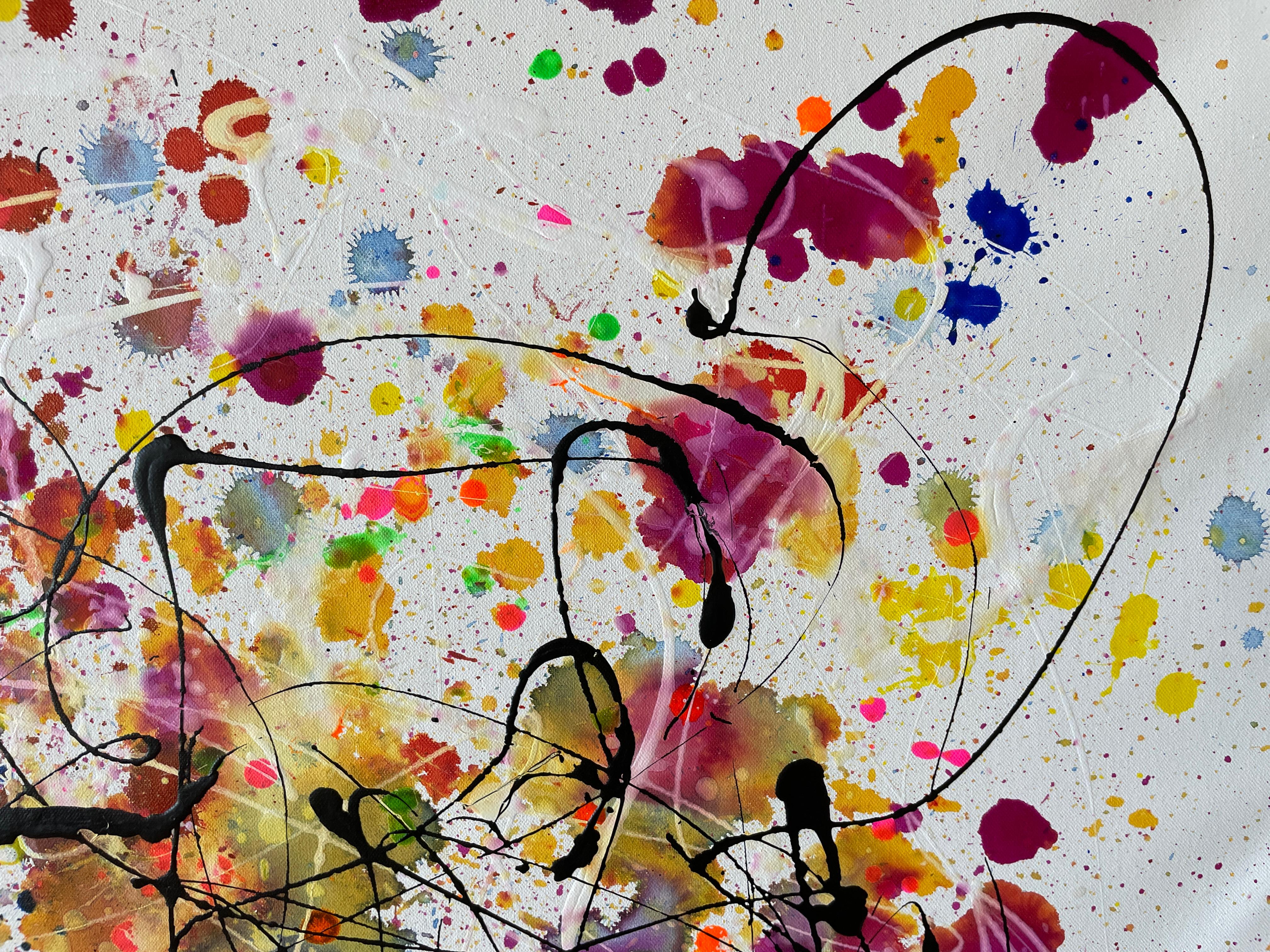 Painting: Acrylic and ink on Canvas. 
Esta obra es una explosión de energía y pasión que quise capturar con colores vivos y movimientos caóticos. Utilicé acrílico y esmalte para crear una textura vibrante que transmite el deseo natural y la fuerza