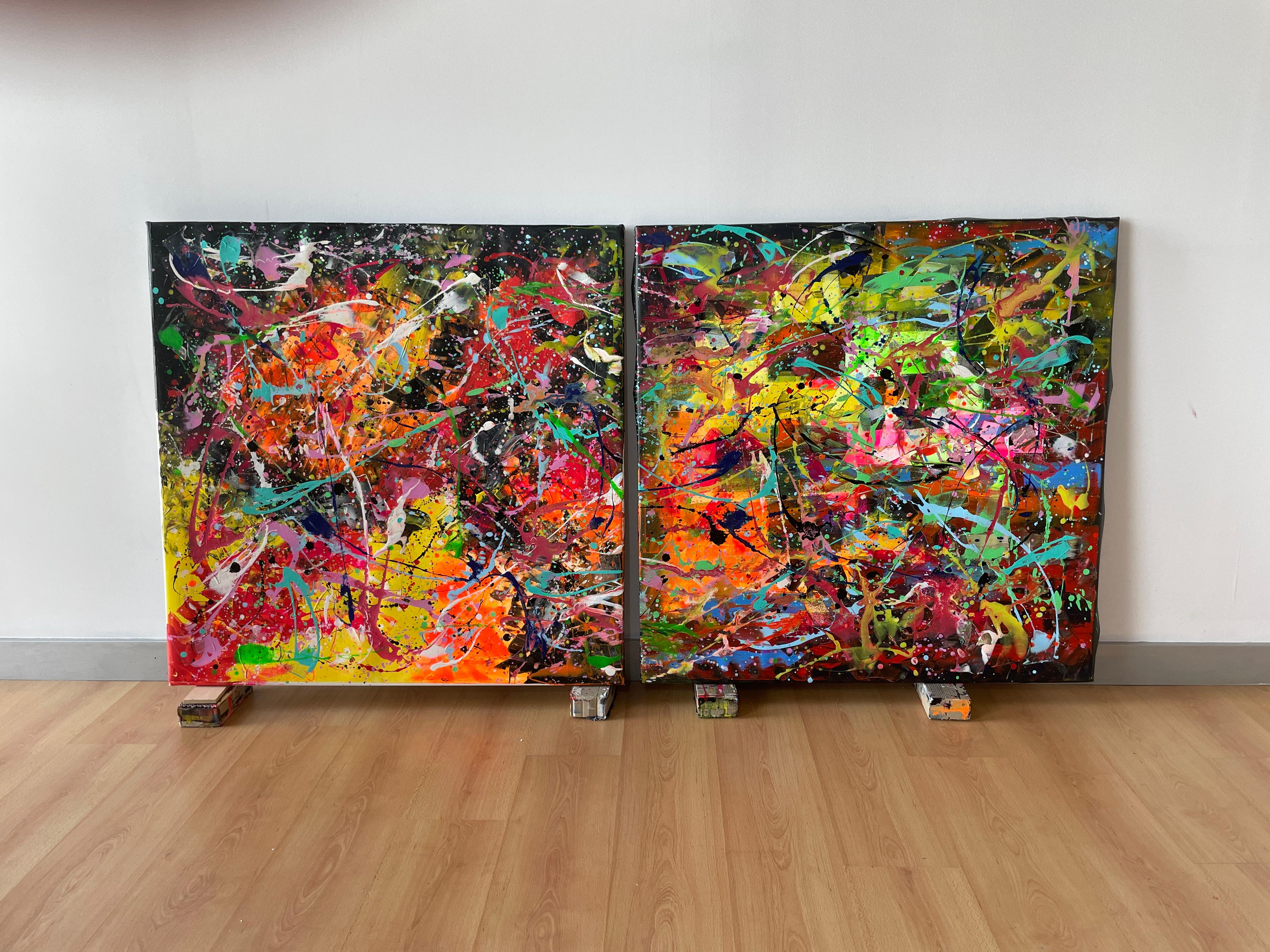 Das Diptychon 100x100 cmz + 100x100cms präsentiert sich als eine visuelle Explosion von Energie und Bewegung, aufgeteilt in zwei Leinwände, die miteinander kommunizieren. Die einzelnen Panels sind zwar unabhängig voneinander, weisen aber eine