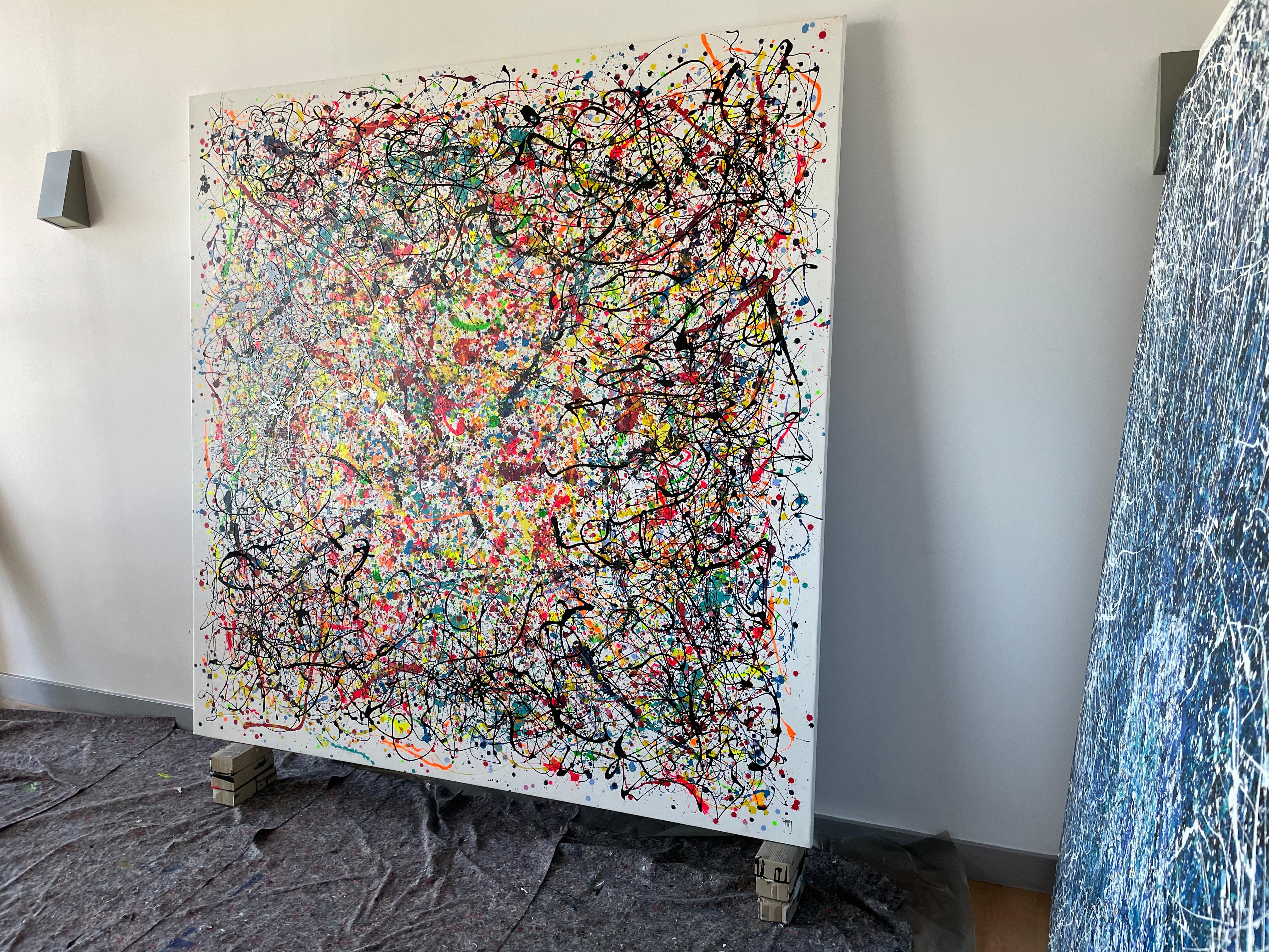Is a captivating masterpiece that embodies the essence of the action painting movement. With its vibrant display of colors against a pristine white backdrop, this artwork emanates an electrifying energy that captivates viewers from the moment they