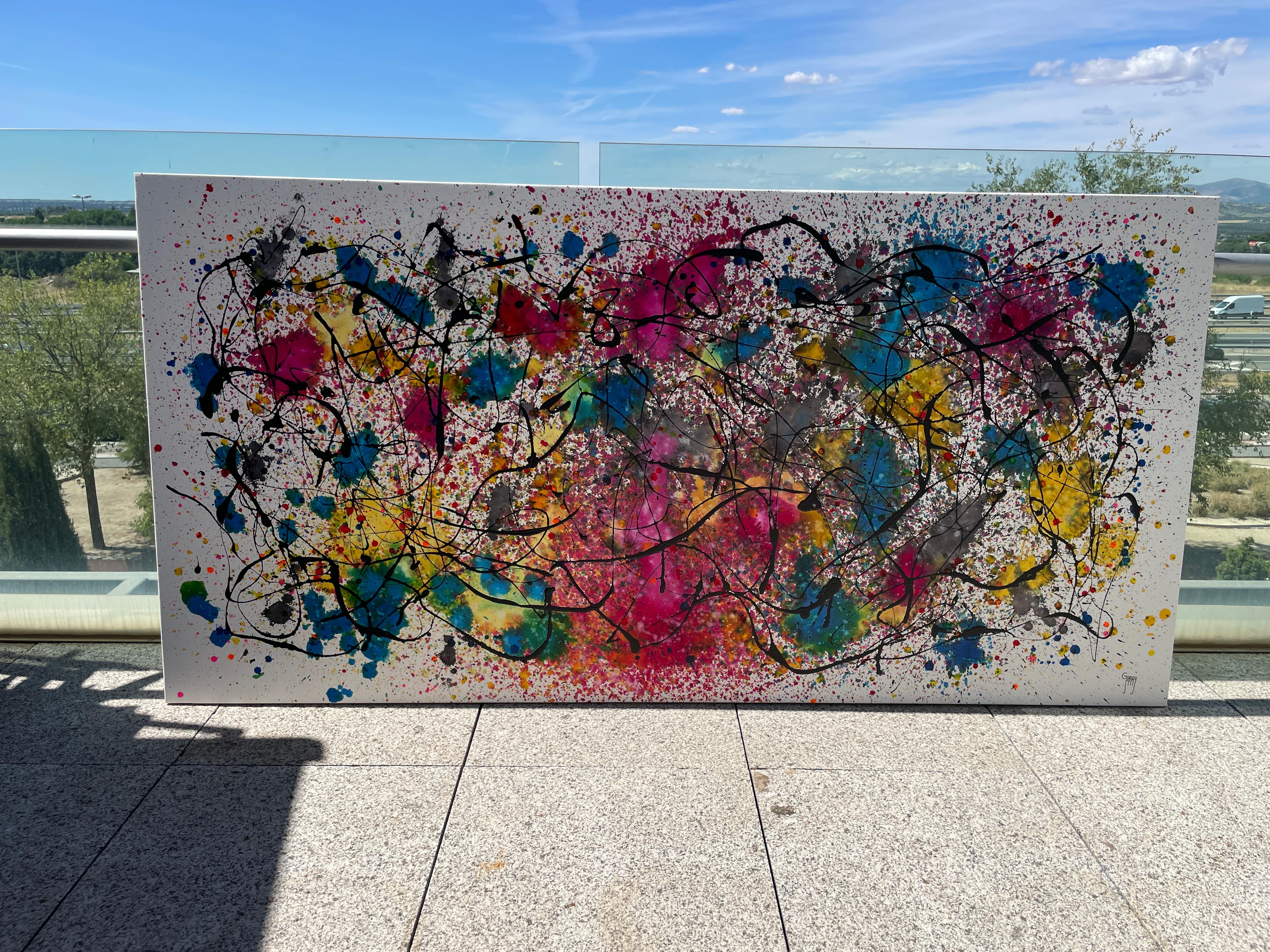 Gemälde: Acryl und Tinte auf Leinwand. 
Esta obra es una explosión de energía y pasión que quise capturar con colores vivos y movimientos caóticos. Utilicé acrílico y esmalte para crear una textura vibrante que transmite el deseo natural y la fuerza