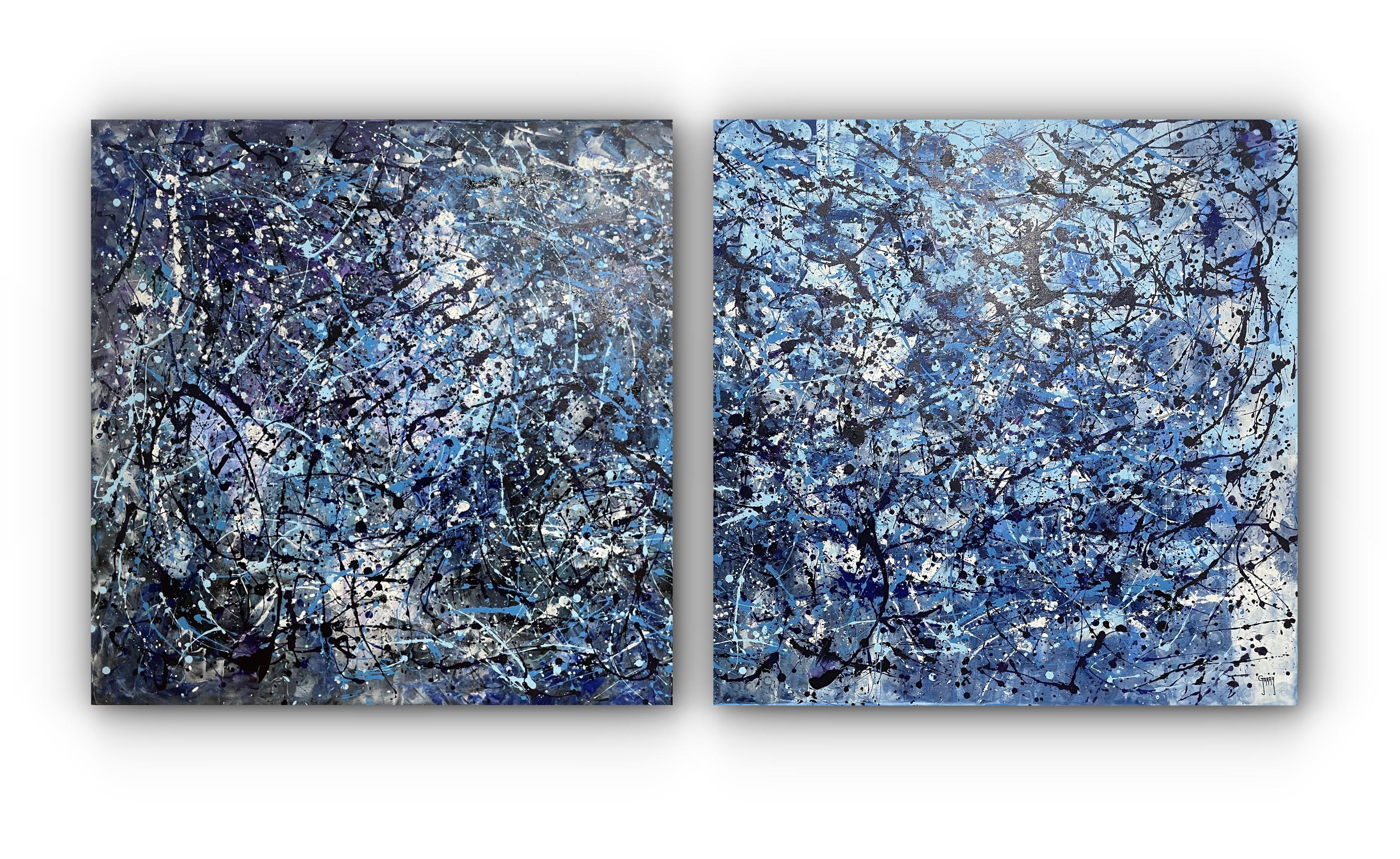 Diptych-Abstraction in Blue and White - Gray Abstract Painting by Juan Jose Garay