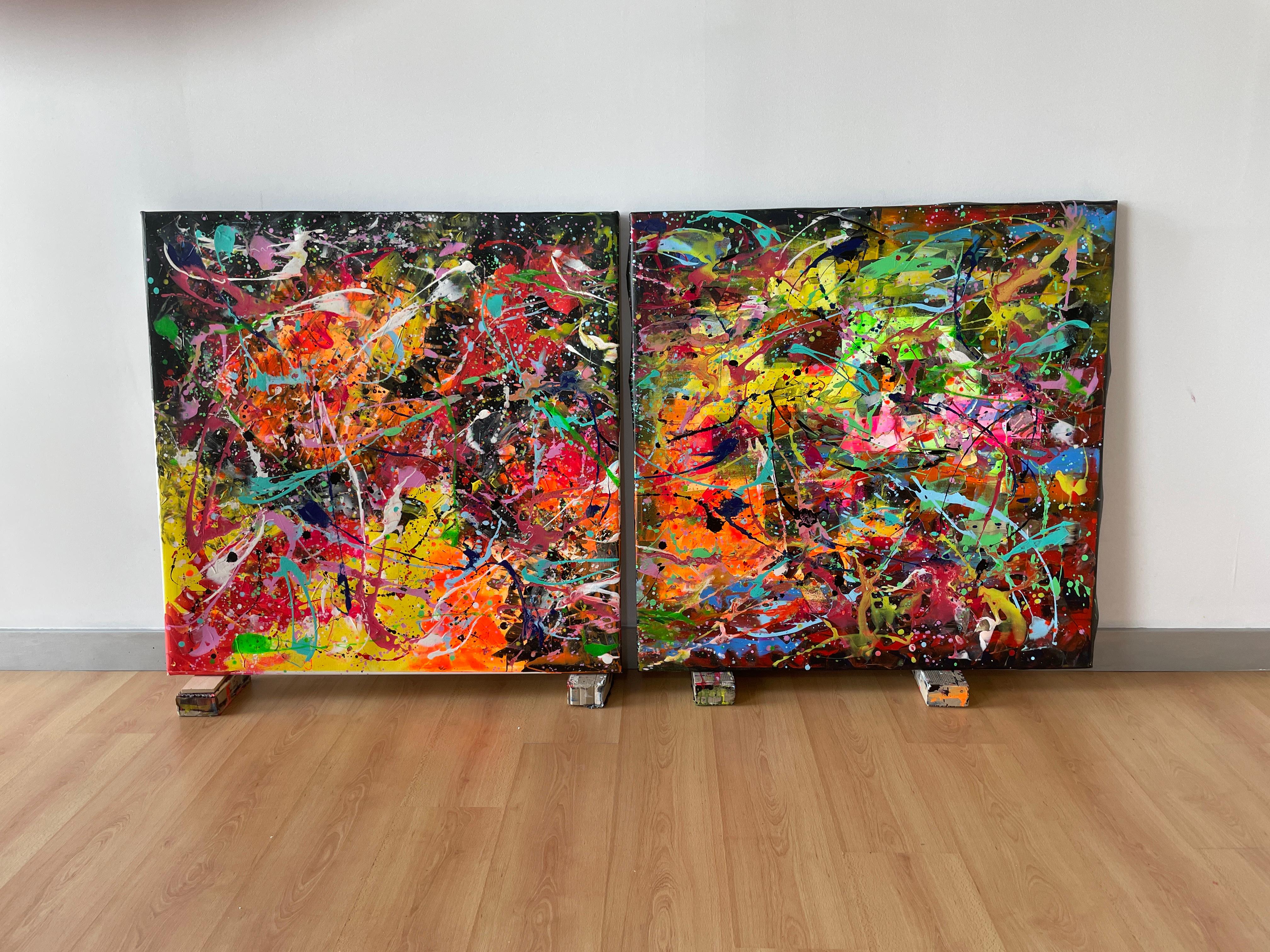 Diptych-Columinescence in Chromatic Fusion - Brown Abstract Painting by Juan Jose Garay