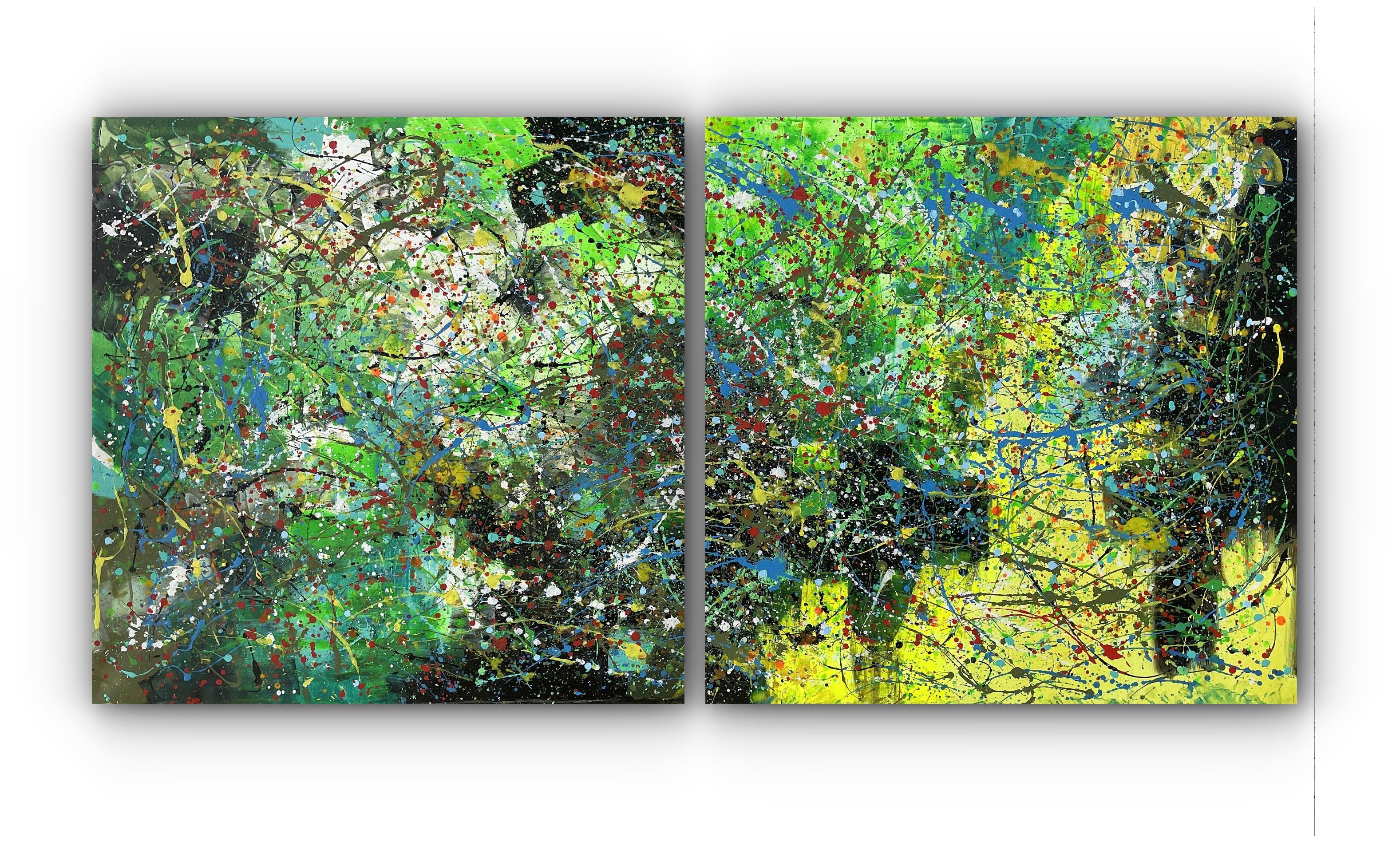 Diptych-Emerald Ethereal - Gray Abstract Painting by Juan Jose Garay
