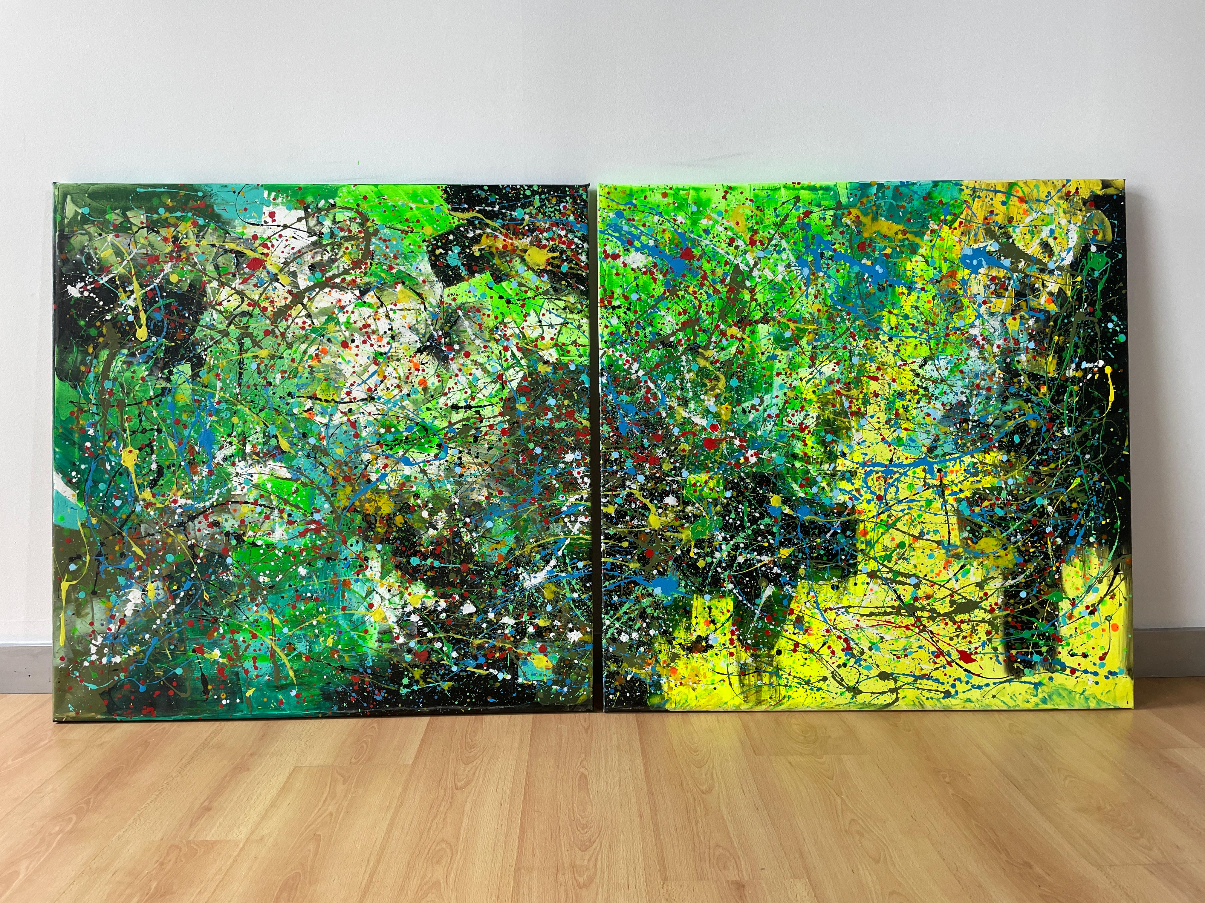 Painting: Acrylic on Canvas. 
This work consists of two canvases of Diptych
It is a large work of marvelous beauty.
The scene is an evocation of nature, the colors generate a dreamy feeling where your imagination embarks you in a world of sensations