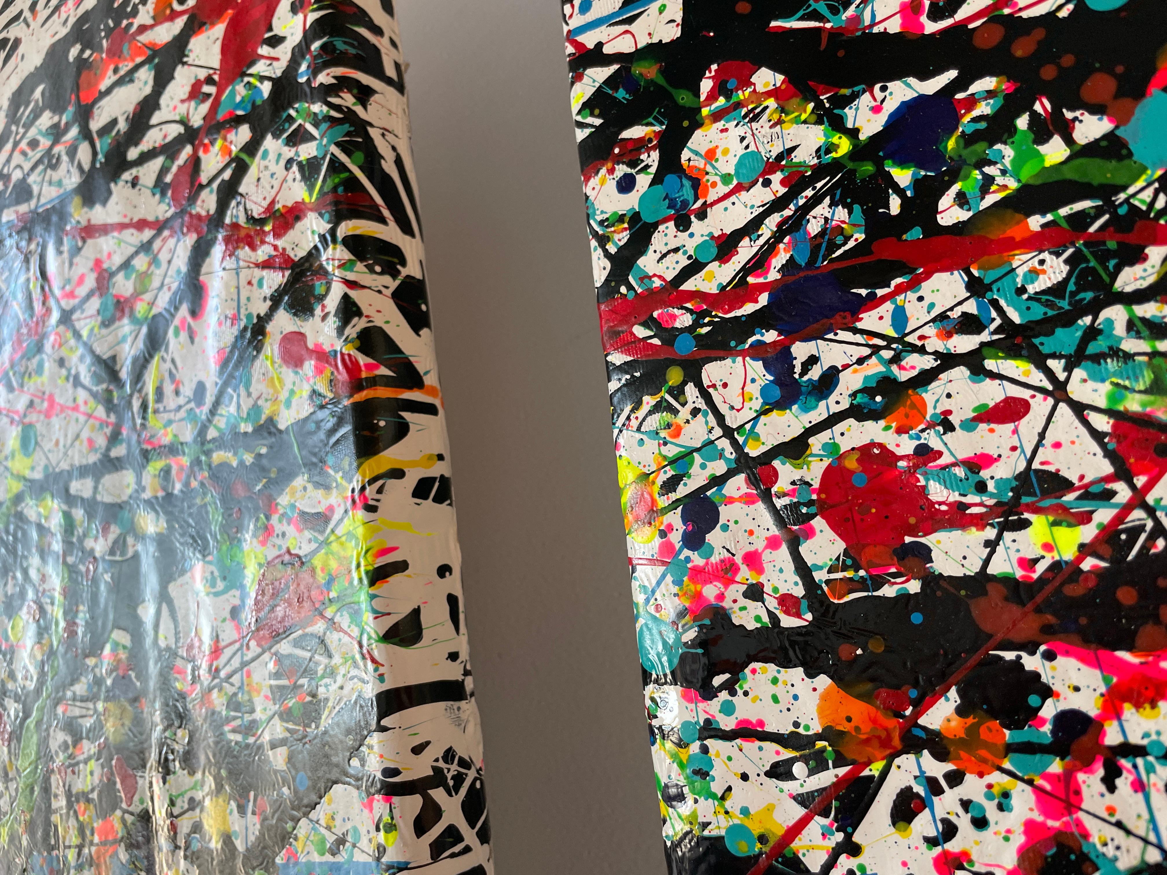 Gemälde: Acryl und Emaille auf Leinwand. 
Dieses Werk besteht aus zwei Leinwänden eines Diptychons
Es ist ein großes Werk von wunderbarer Schönheit.
Die Szene ist eine Beschwörung der Natur, die Farben erzeugen ein träumerisches Gefühl, bei dem die