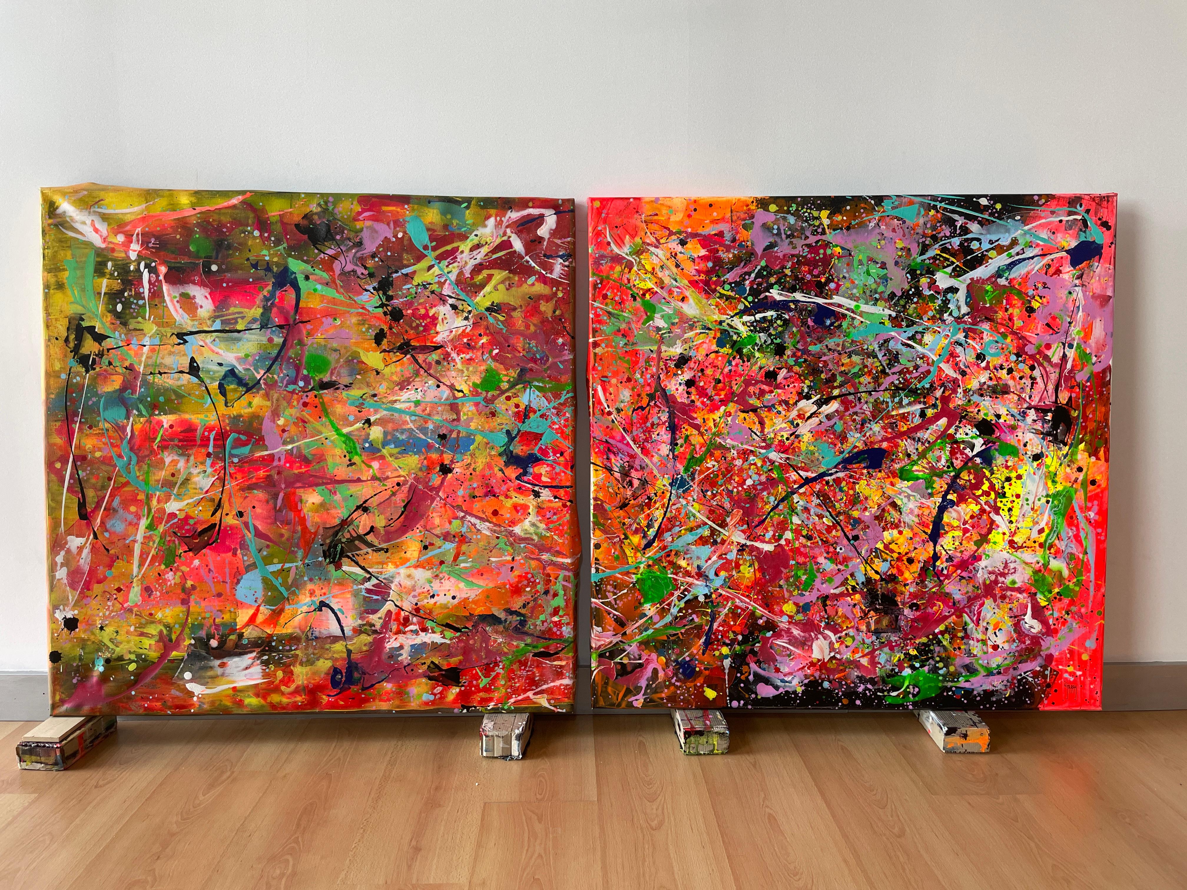 Diptych-Vibrant Eclipse - Brown Abstract Painting by Juan Jose Garay