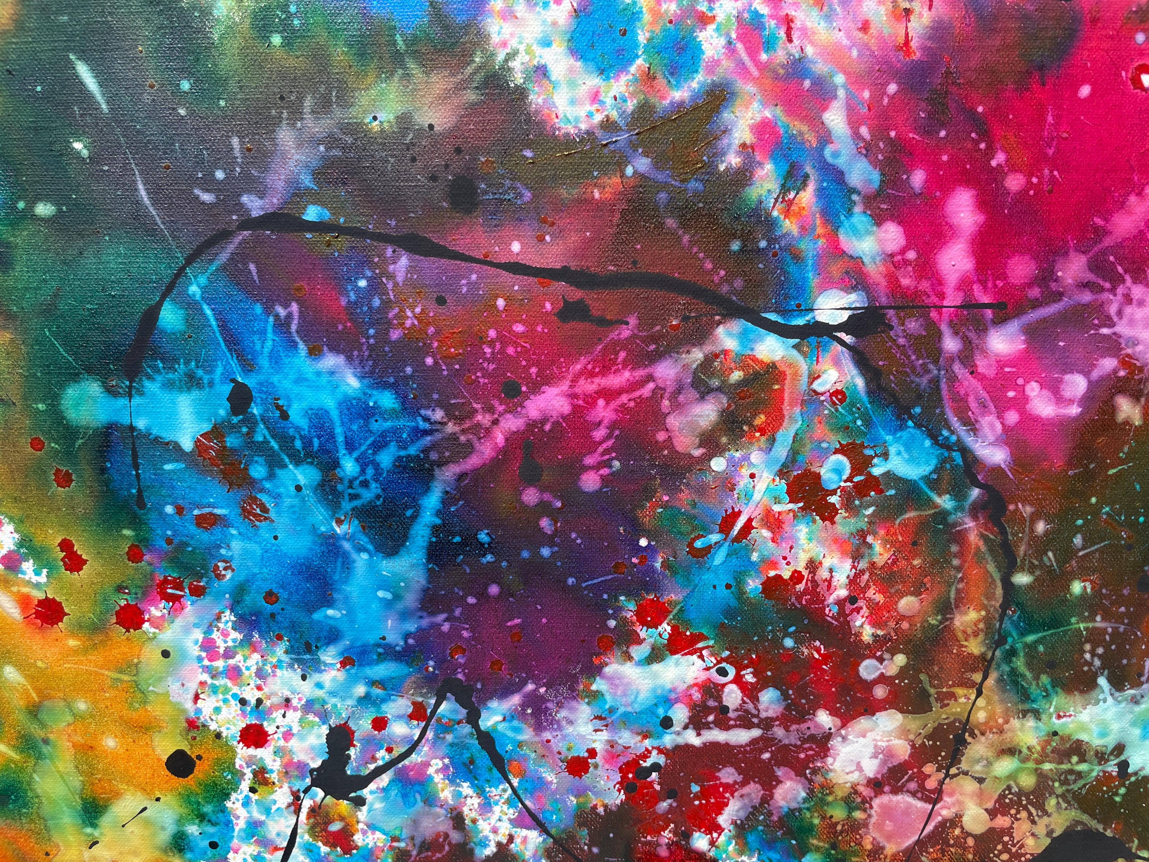 Pintura: Acrílico y tinta sobre lienzo. 

Es una gran obra de maravillosa belleza.
La escena es una evocación de la naturaleza, los colores generan una sensación de ensueño donde tu imaginación te embarca en un mundo de sensaciones y emociones.
La