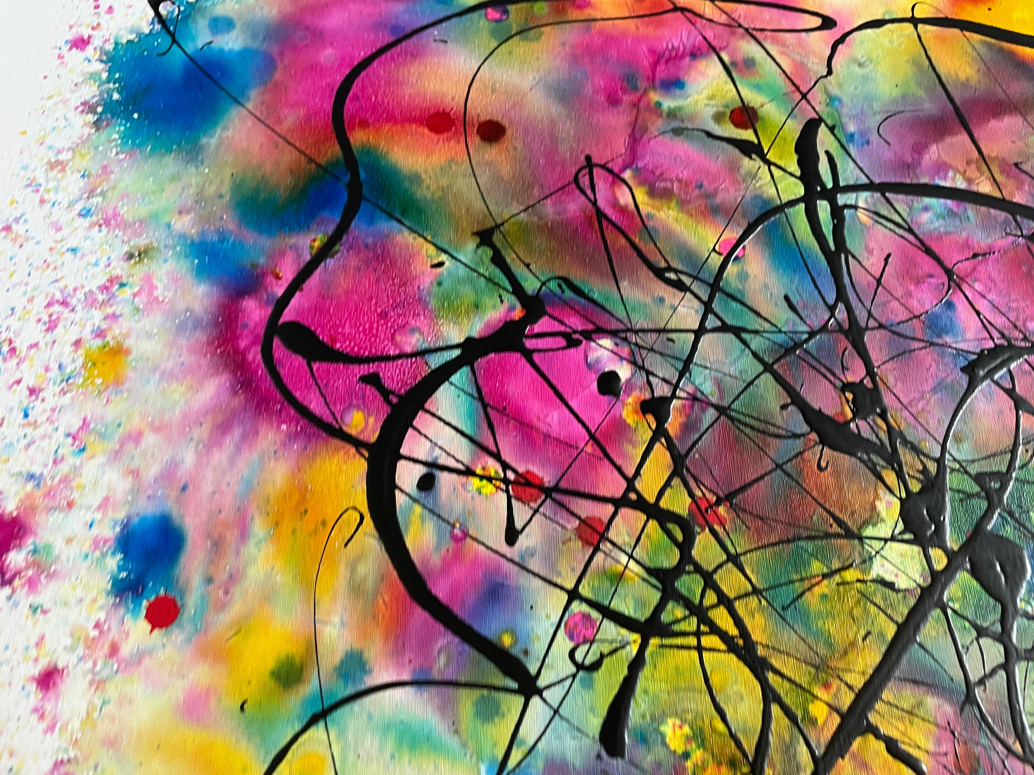 Pittura: Acrilico e inchiostro su tela. 
Quest'opera è un'esplosione di energia e passione che desidera catturare con colori vivi e movimenti caotici. Utilizza acrílico ed esmalte per creare una texture vibrante che trasmetta il desiderio naturale e