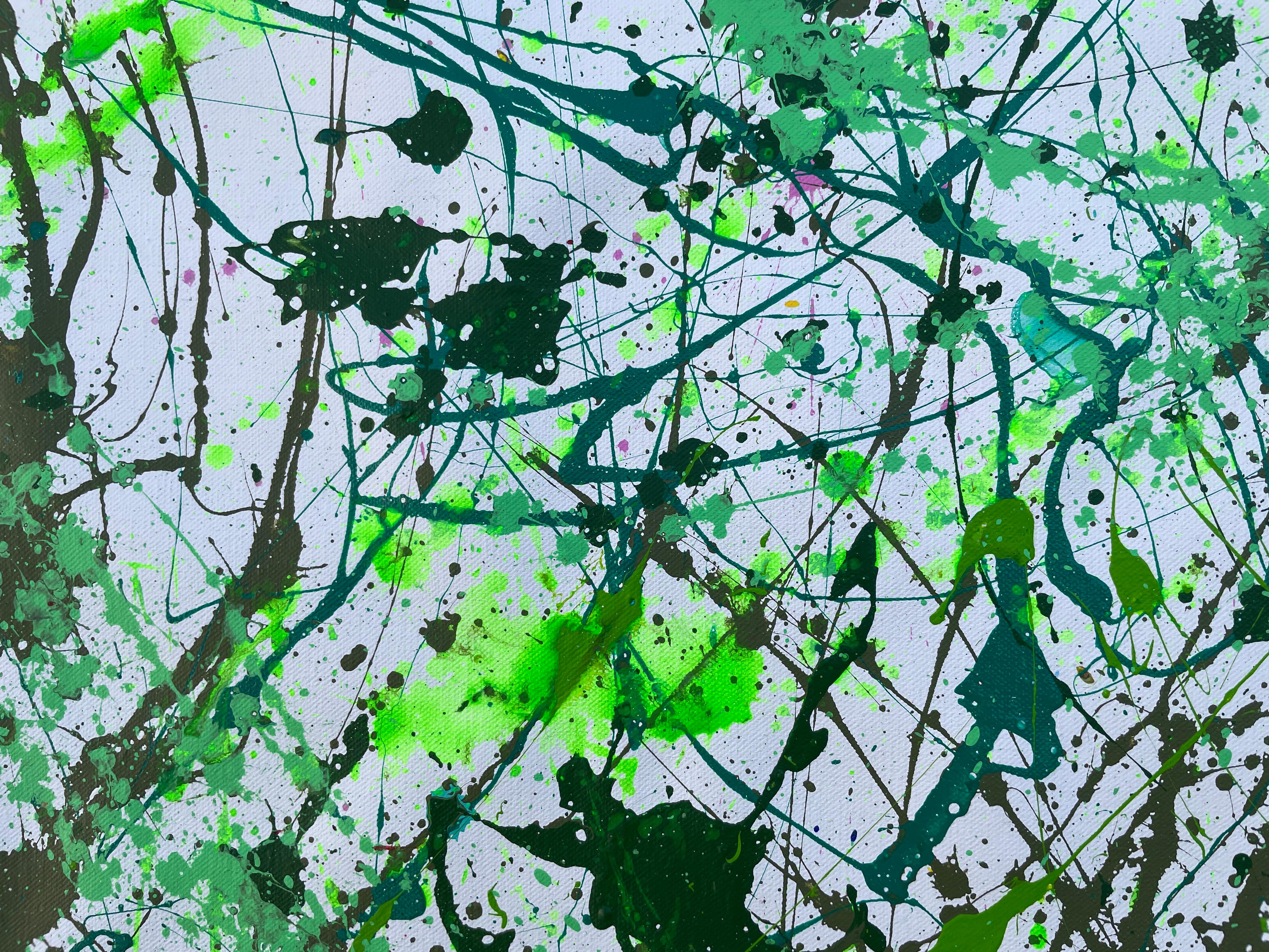 Il dipinto è un'esplosione di energia e movimento, dominato da vibranti toni rossi intrecciati con pennellate intense e schizzi dinamici. Nella tecnica dell'action painting, l'artista ha permesso alla pittura di fluire liberamente, creando una rete