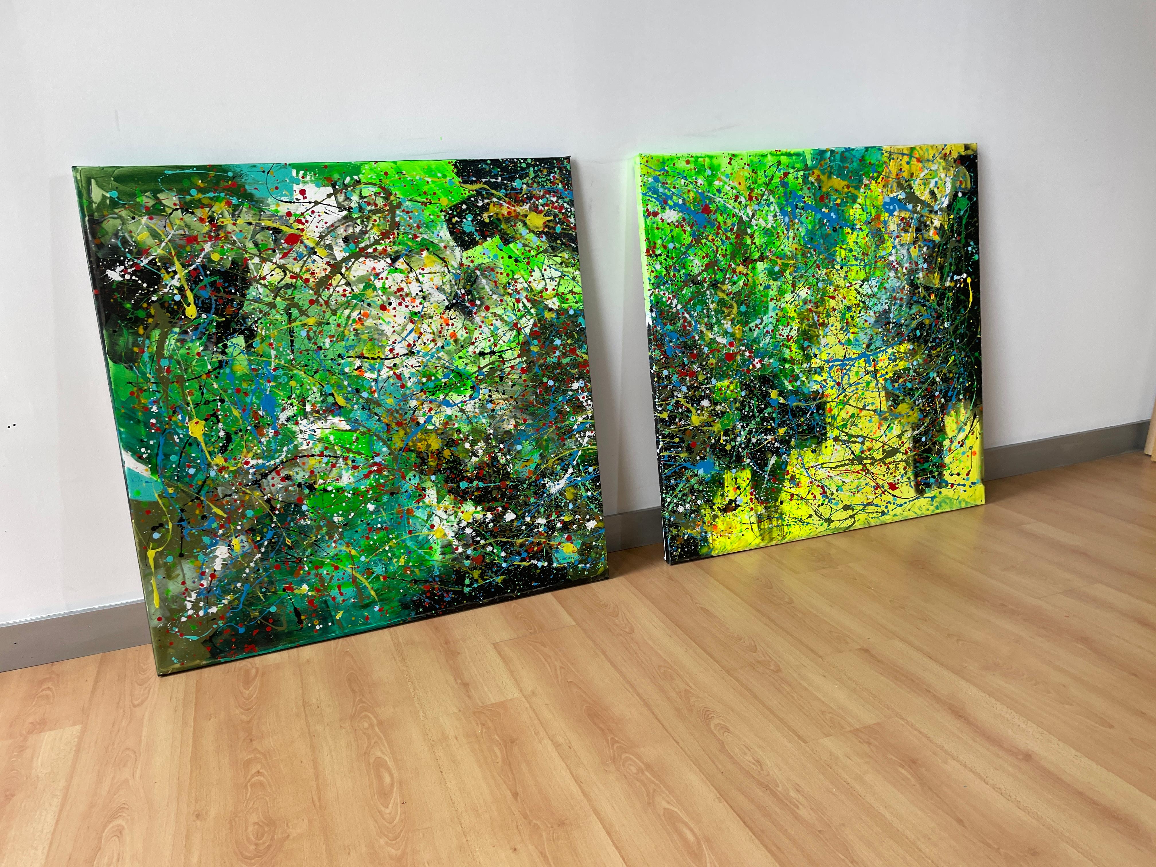 Smeraldo Etereo
Il dittico 100x100 cmz + 100x100cms si presenta come un'esplosione visiva di energia e movimento, divisa in due tele che dialogano tra loro. Ogni pannello, sebbene indipendente, condivide una continuità nei tratti e nei colori,