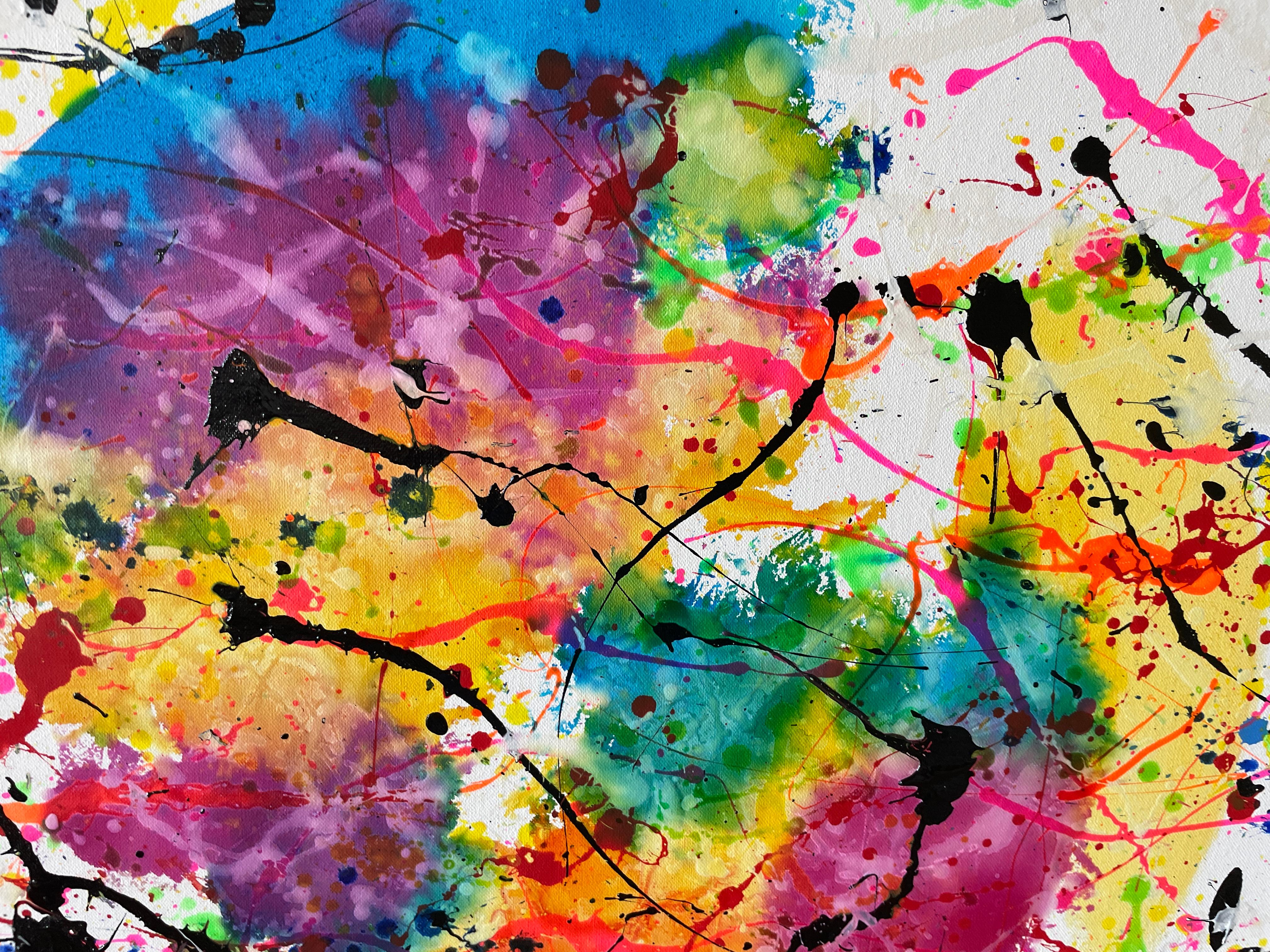 Pittura: Acrilico su tela. 
Quest'opera è un'esplosione di energia e passione che desidera catturare con colori vivi e movimenti caotici. Utilizza acrílico ed esmalte per creare una texture vibrante che trasmetta il desiderio naturale e la forza