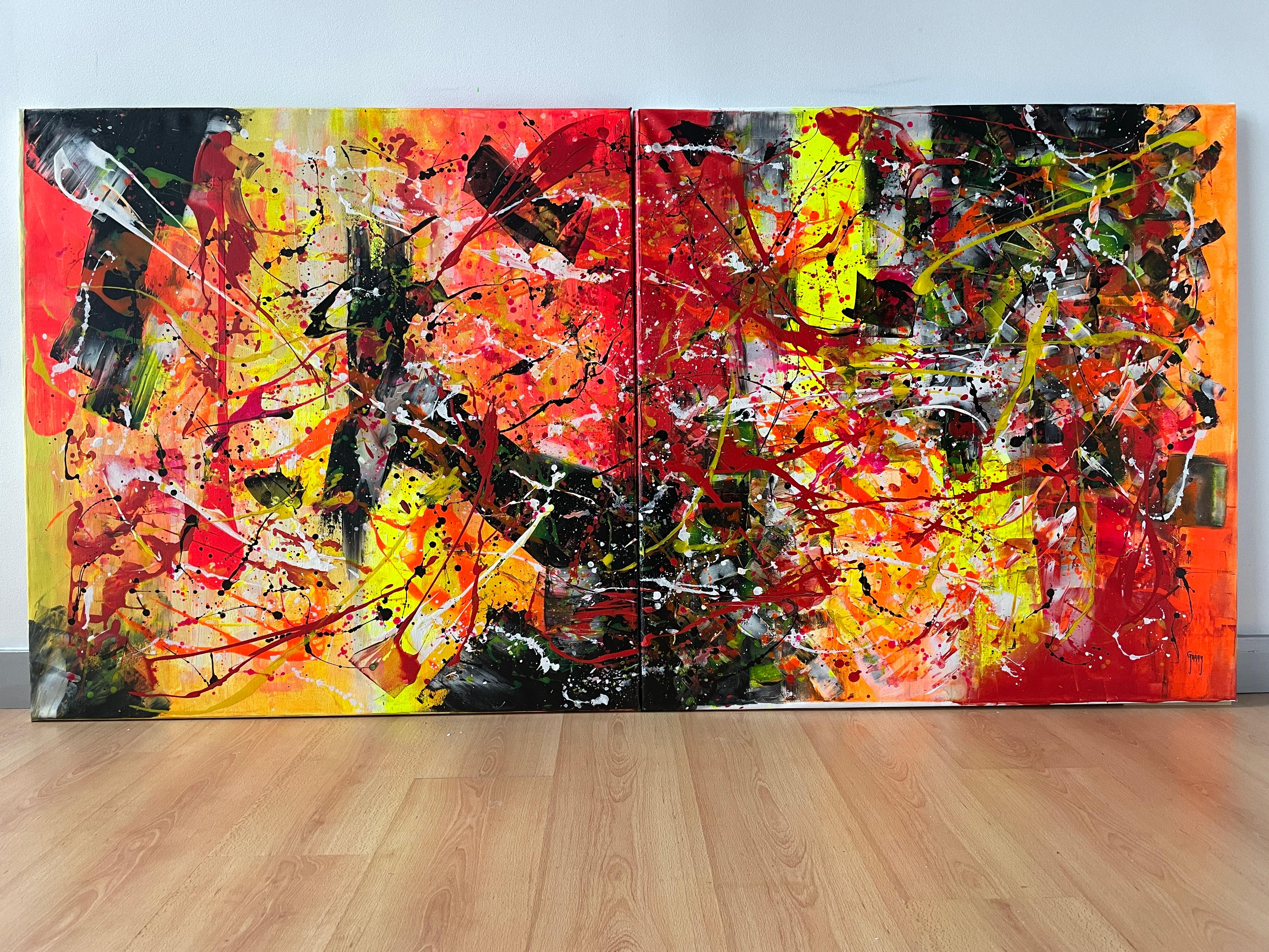 Le feu dans l'obscurité
Le diptyque 100x100 cmz + 100x100cms se présente comme une explosion visuelle d'énergie et de mouvement, divisée en deux toiles qui dialoguent l'une avec l'autre. Chaque panneau, bien qu'indépendant, partage une continuité