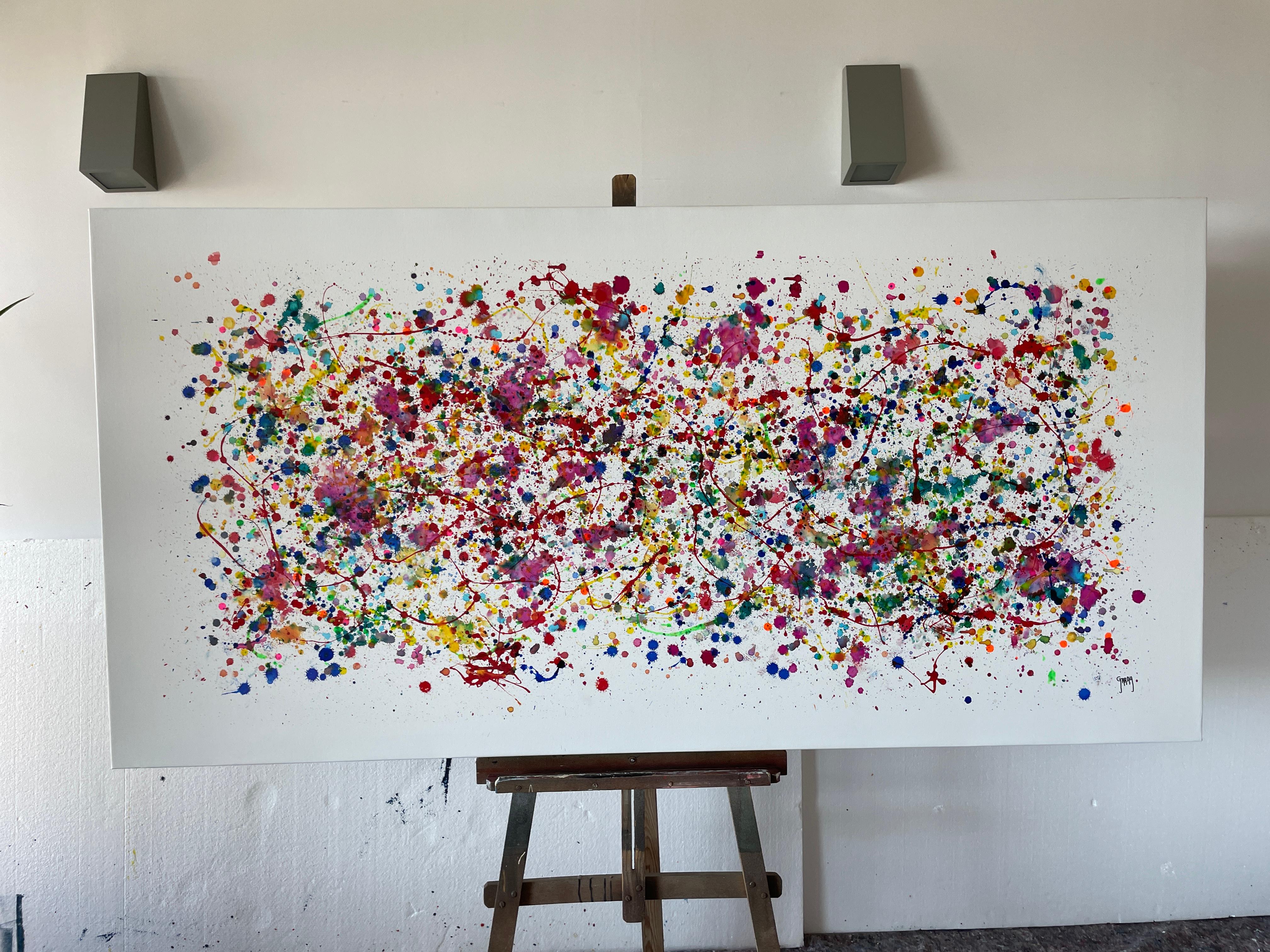 Painting: Acrylic and ink on Canvas. 
Esta obra es una explosión de energía y pasión que quise capturar con colores vivos y movimientos caóticos. Utilicé acrílico y esmalte para crear una textura vibrante que transmite el deseo natural y la fuerza