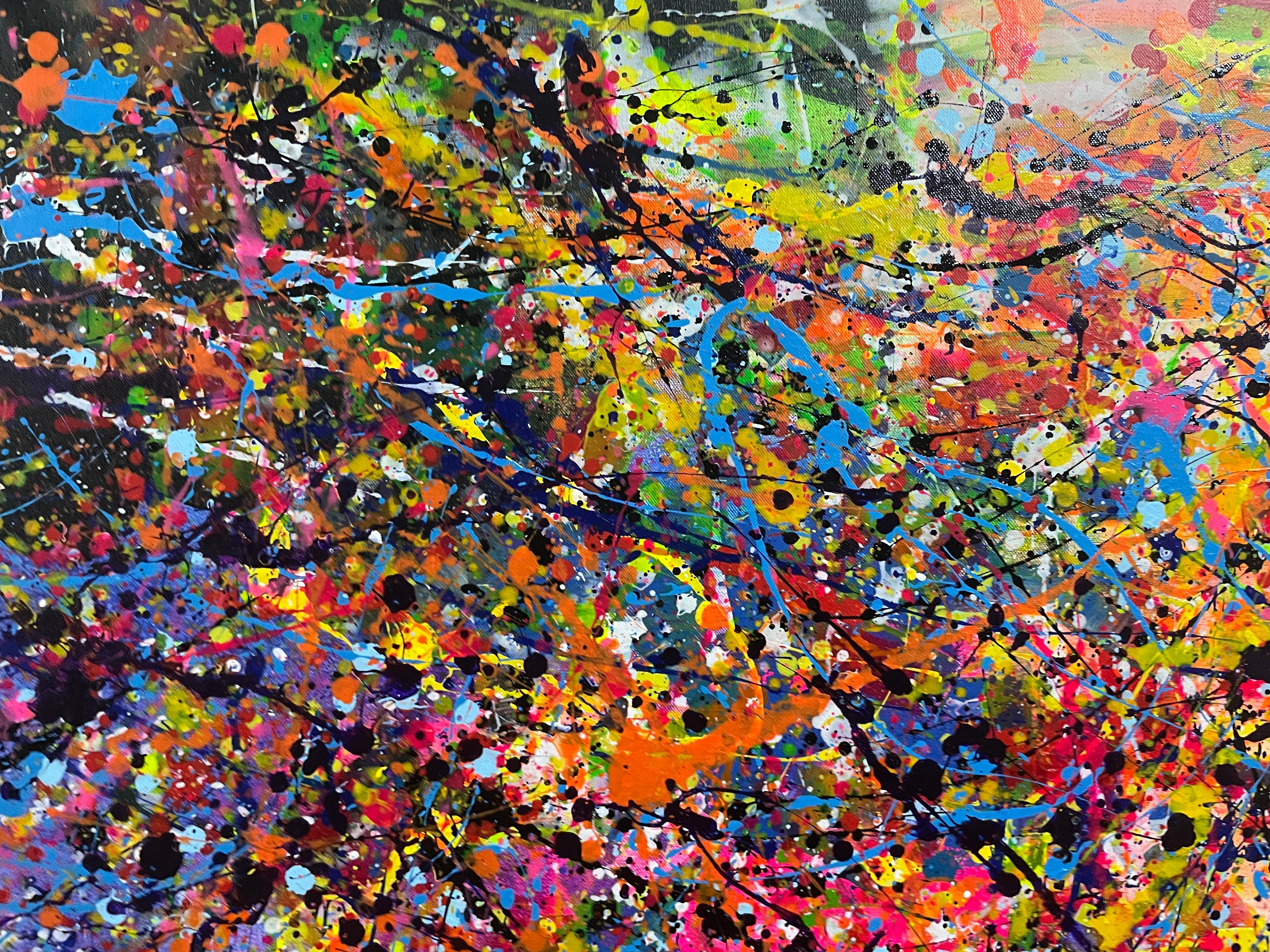 Das Diptychon 100x100 cm + 100x100 cm präsentiert sich als eine visuelle Explosion von Energie und Bewegung, aufgeteilt in zwei Leinwände, die miteinander kommunizieren. Die einzelnen Panels sind zwar unabhängig voneinander, weisen aber eine