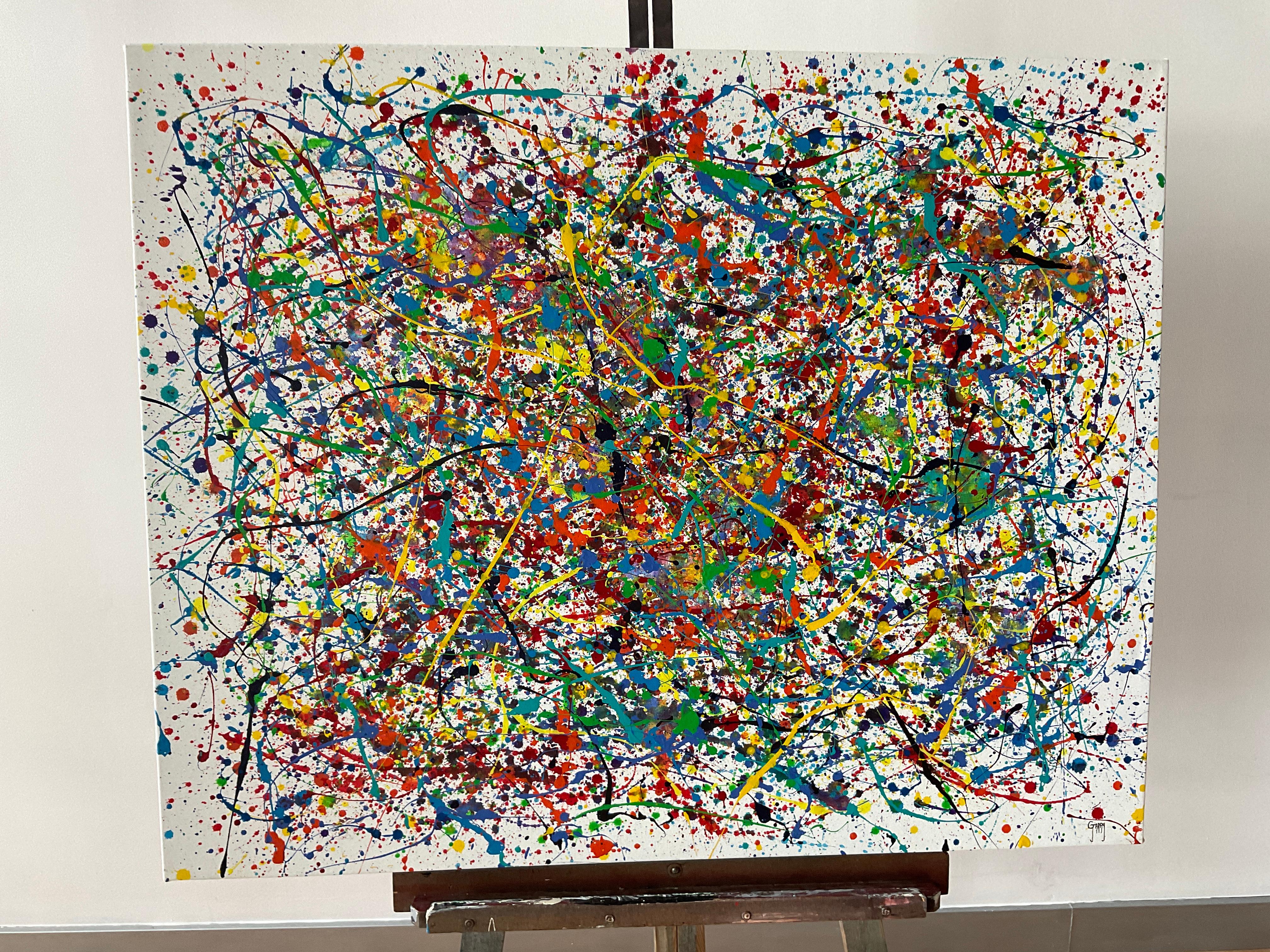 Cette peinture évoque une atmosphère mystérieuse et captivante avec un fond blanc qui enveloppe la scène d'une ombre intrigante. Les lignes, habilement dessinées, traversent la composition avec une texture palpable, créant un jeu visuel qui invite à