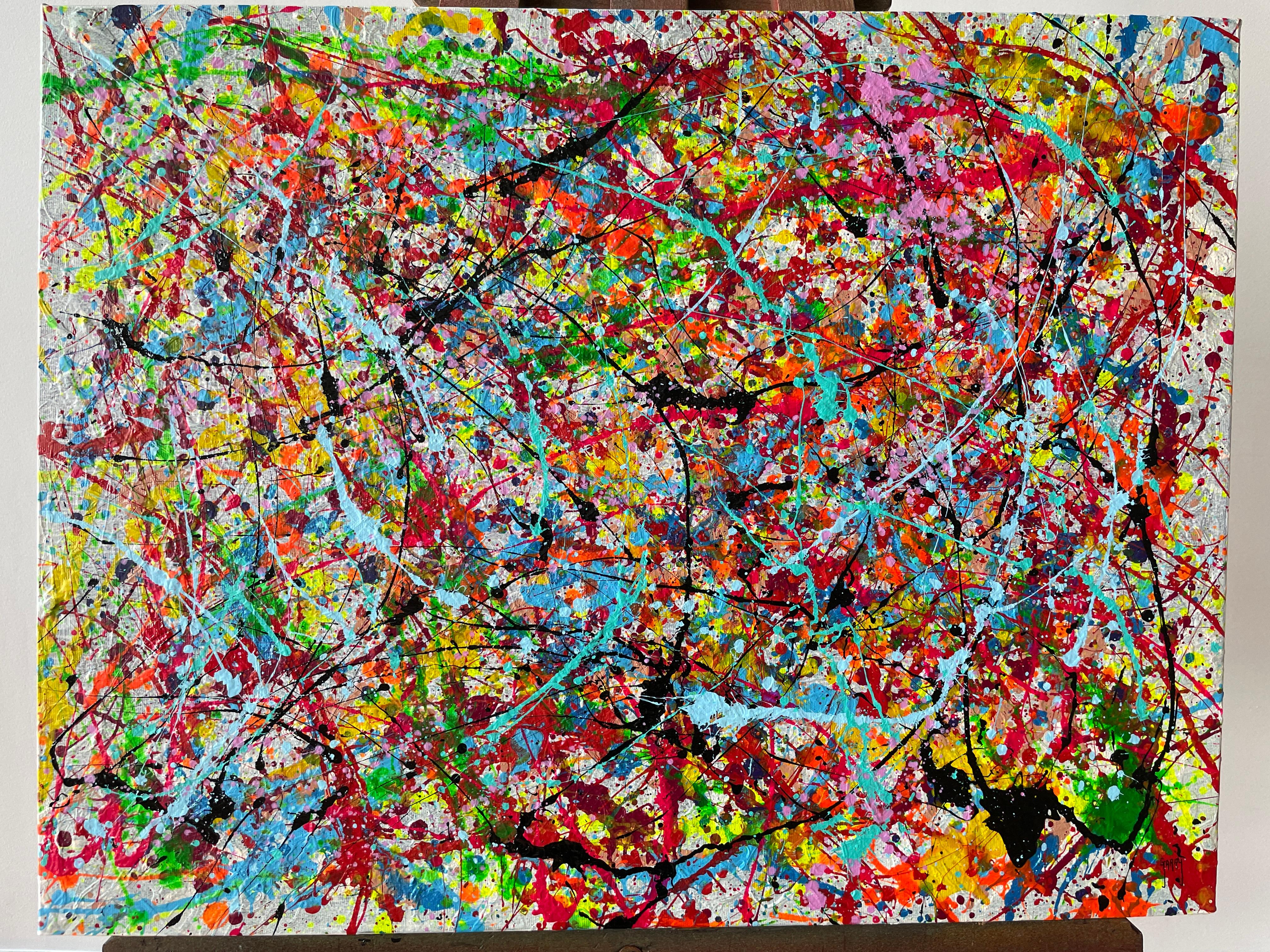 The color palette is intense and overflowing, with brushstrokes intertwining in a chaotic dance of vibrant tones. Fiery reds, electric blues, and effervescent yellows merge into a visual symphony that evokes intense emotions. The canvas surface