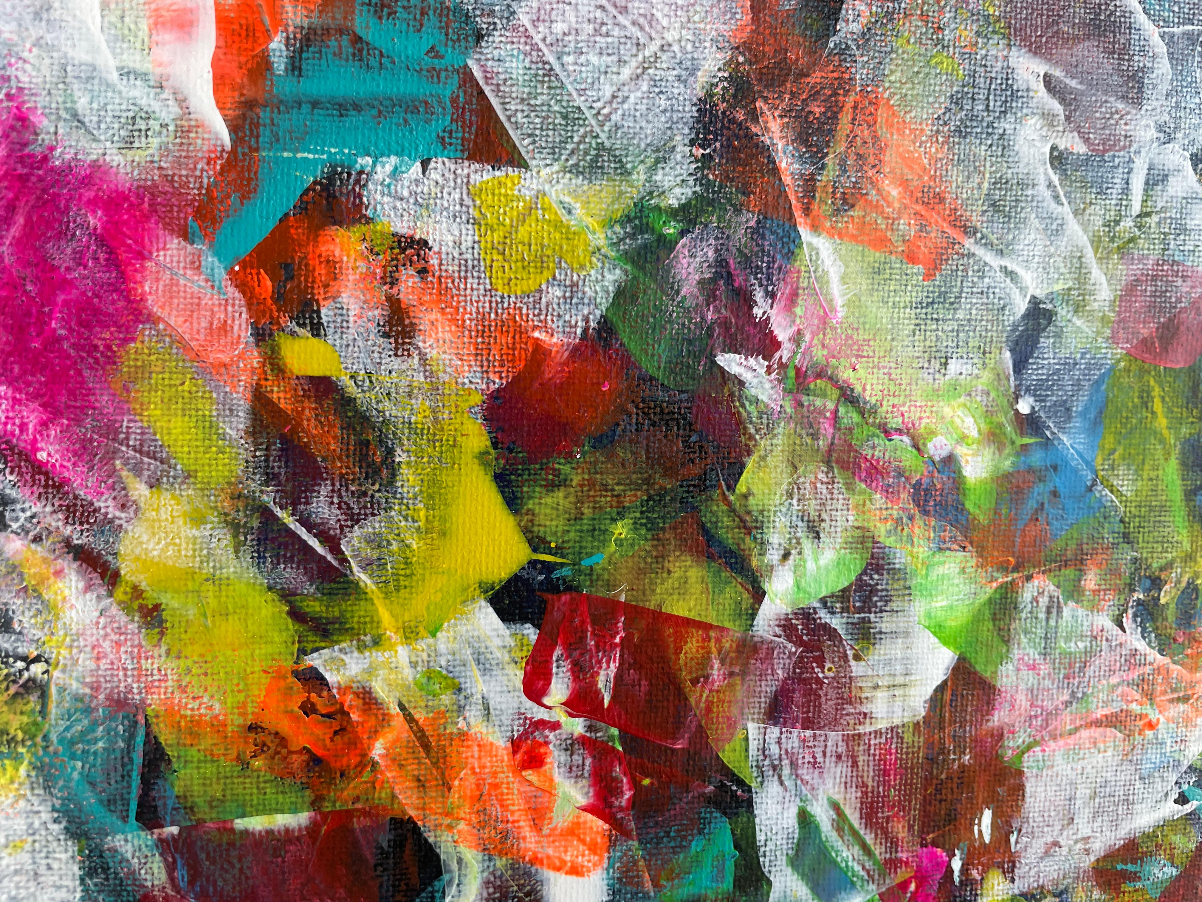 Une peinture acrylique abstraite est une explosion de formes, de textures et de couleurs qui invitent à une interprétation personnelle. Sur la toile, des coups de pinceau dynamiques et libres s'entremêlent, créant des couches de profondeur et de