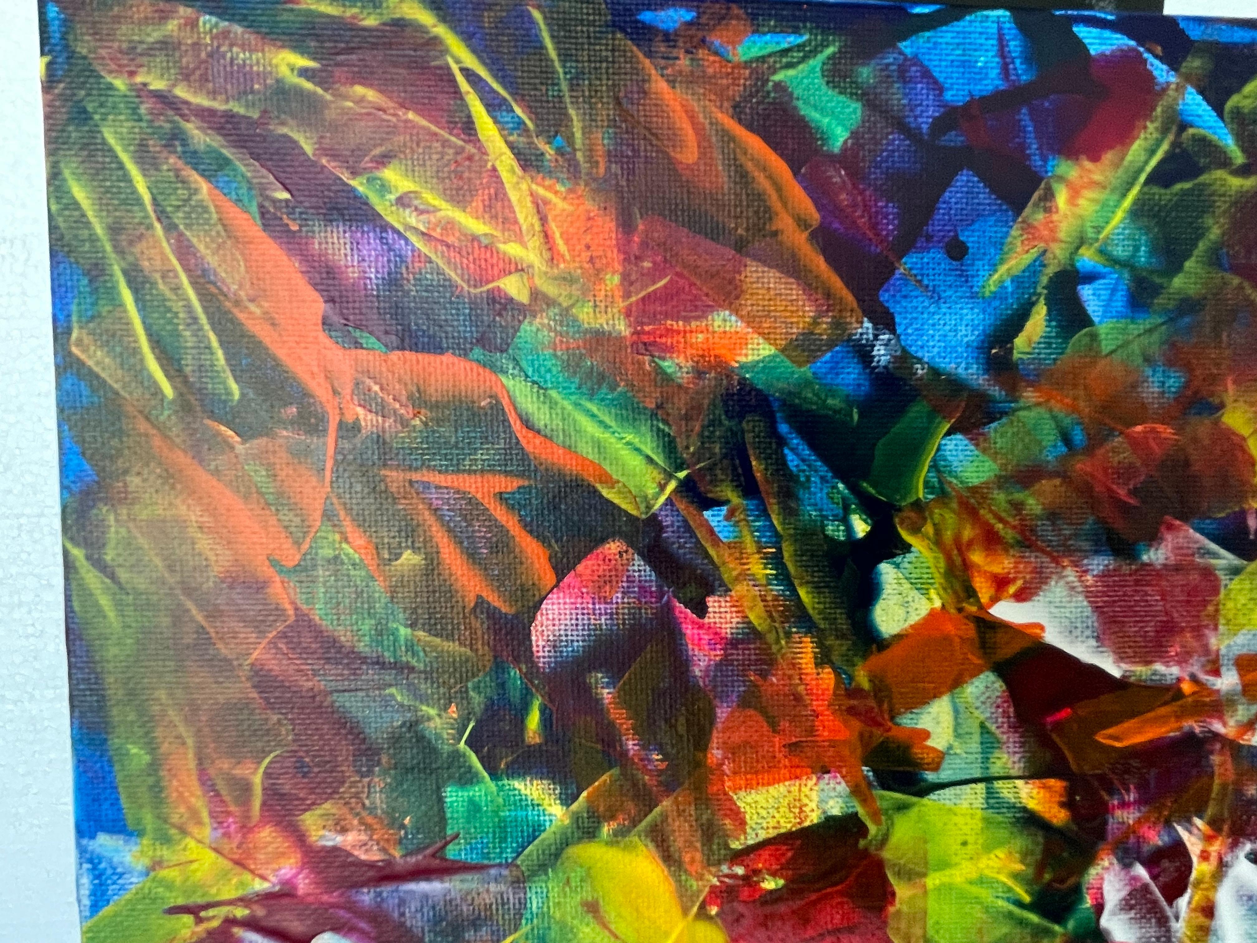 Une peinture acrylique abstraite est une explosion de formes, de textures et de couleurs qui invitent à une interprétation personnelle. Sur la toile, des coups de pinceau dynamiques et libres s'entremêlent, créant des couches de profondeur et de
