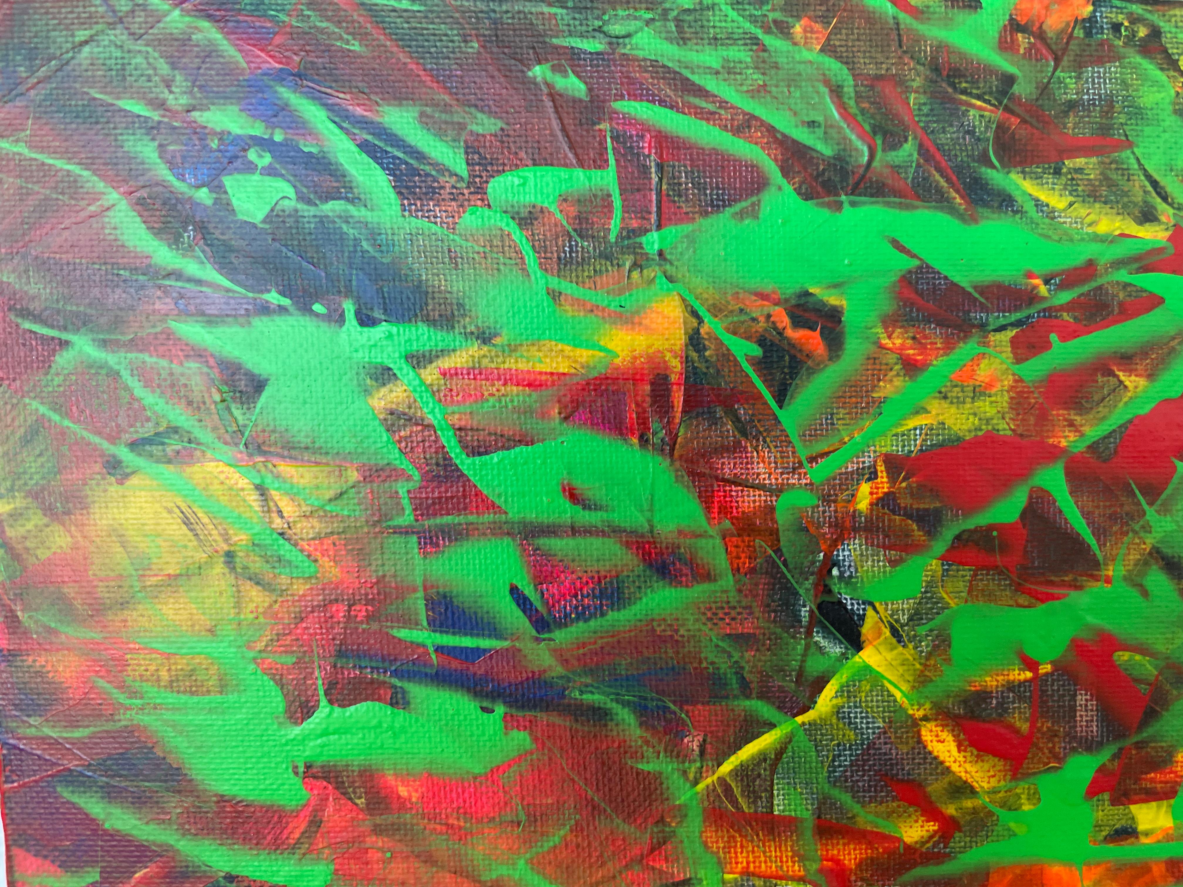 Une peinture acrylique abstraite est une explosion de formes, de textures et de couleurs qui invitent à une interprétation personnelle. Sur la toile, des coups de pinceau dynamiques et libres s'entremêlent, créant des couches de profondeur et de