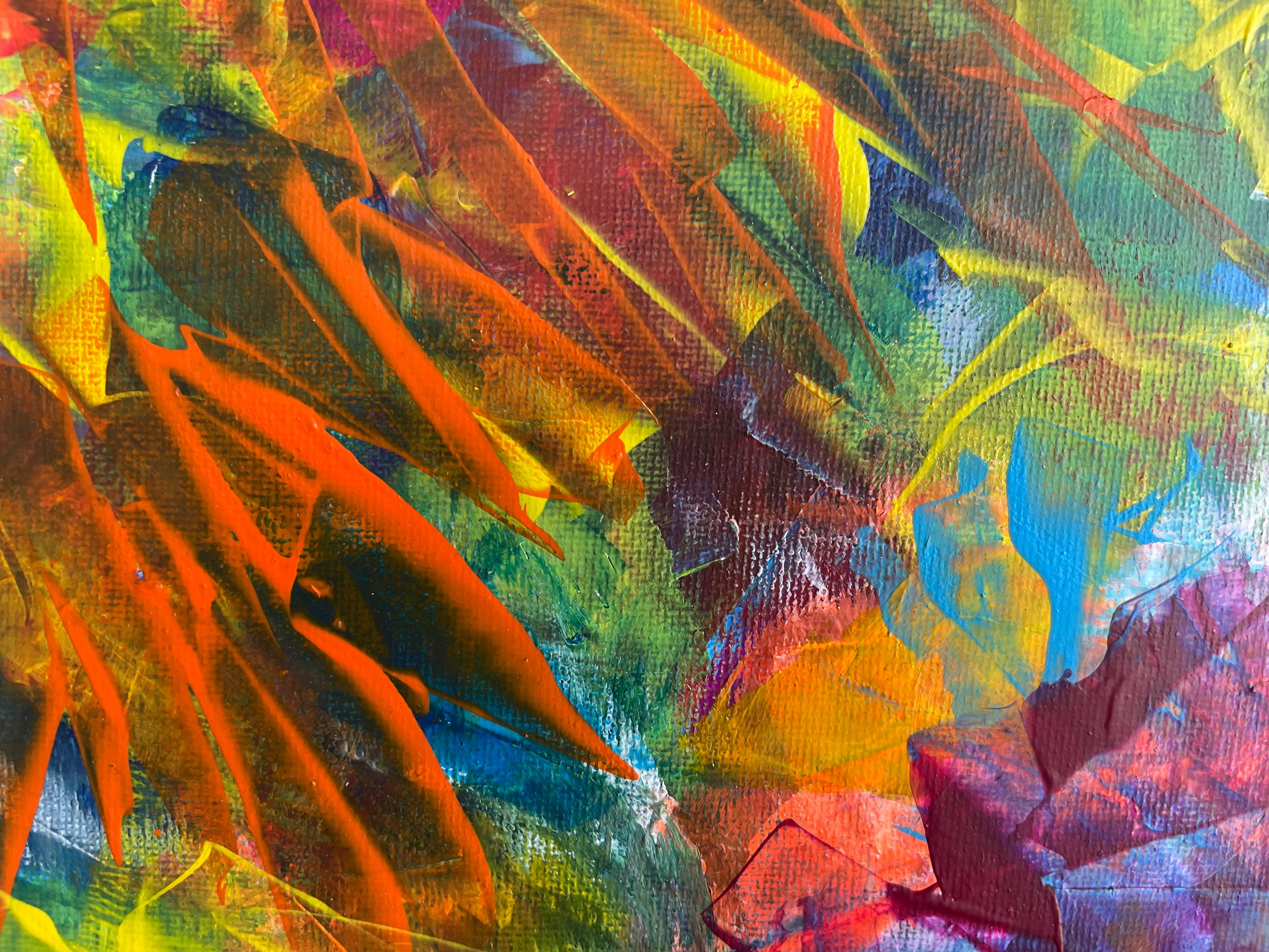 Ein abstraktes Acrylbild ist eine Explosion von Formen, Texturen und Farben, die zur persönlichen Interpretation einladen. Dynamische und freie Pinselstriche verflechten sich auf der Leinwand und schaffen Schichten von Tiefe und Bewegung. Kräftige