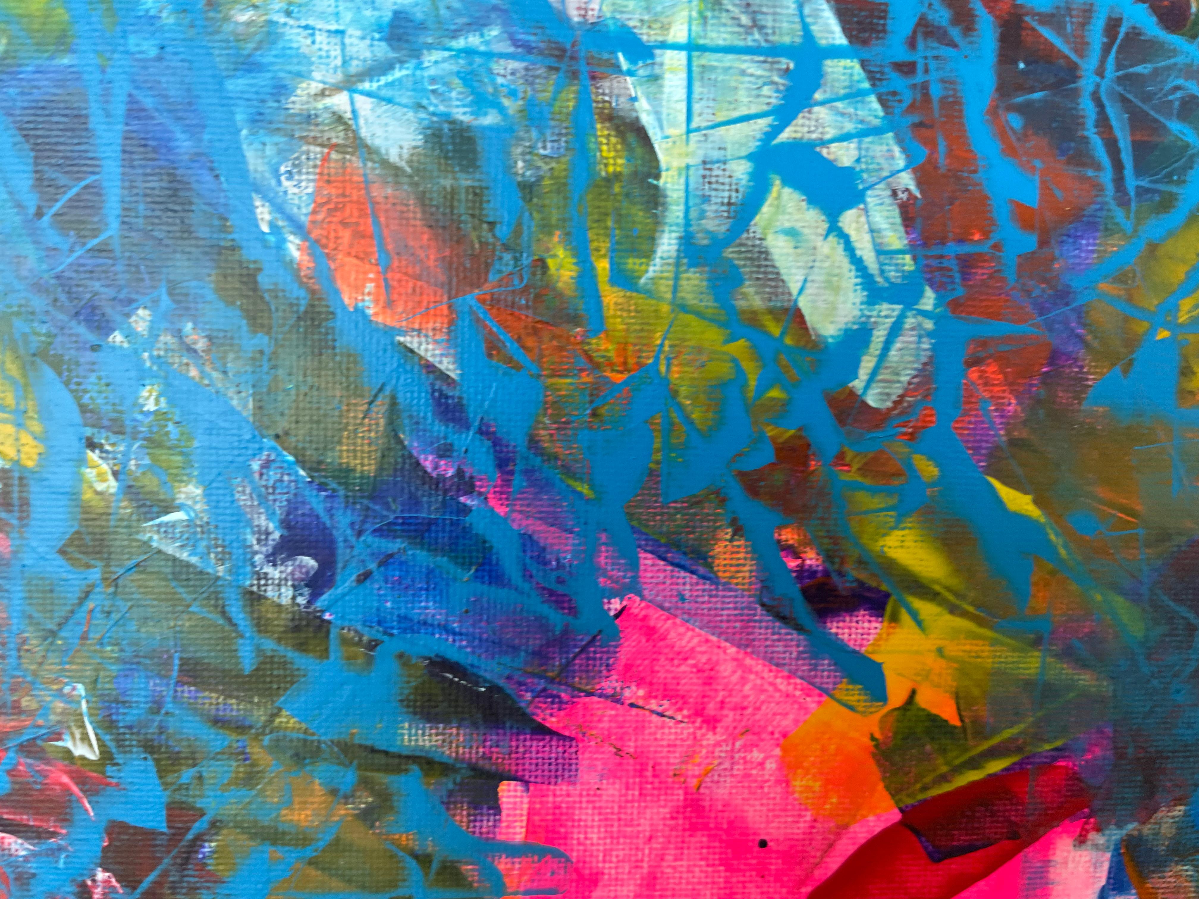 Une peinture acrylique abstraite est une explosion de formes, de textures et de couleurs qui invitent à une interprétation personnelle. Sur la toile, des coups de pinceau dynamiques et libres s'entremêlent, créant des couches de profondeur et de