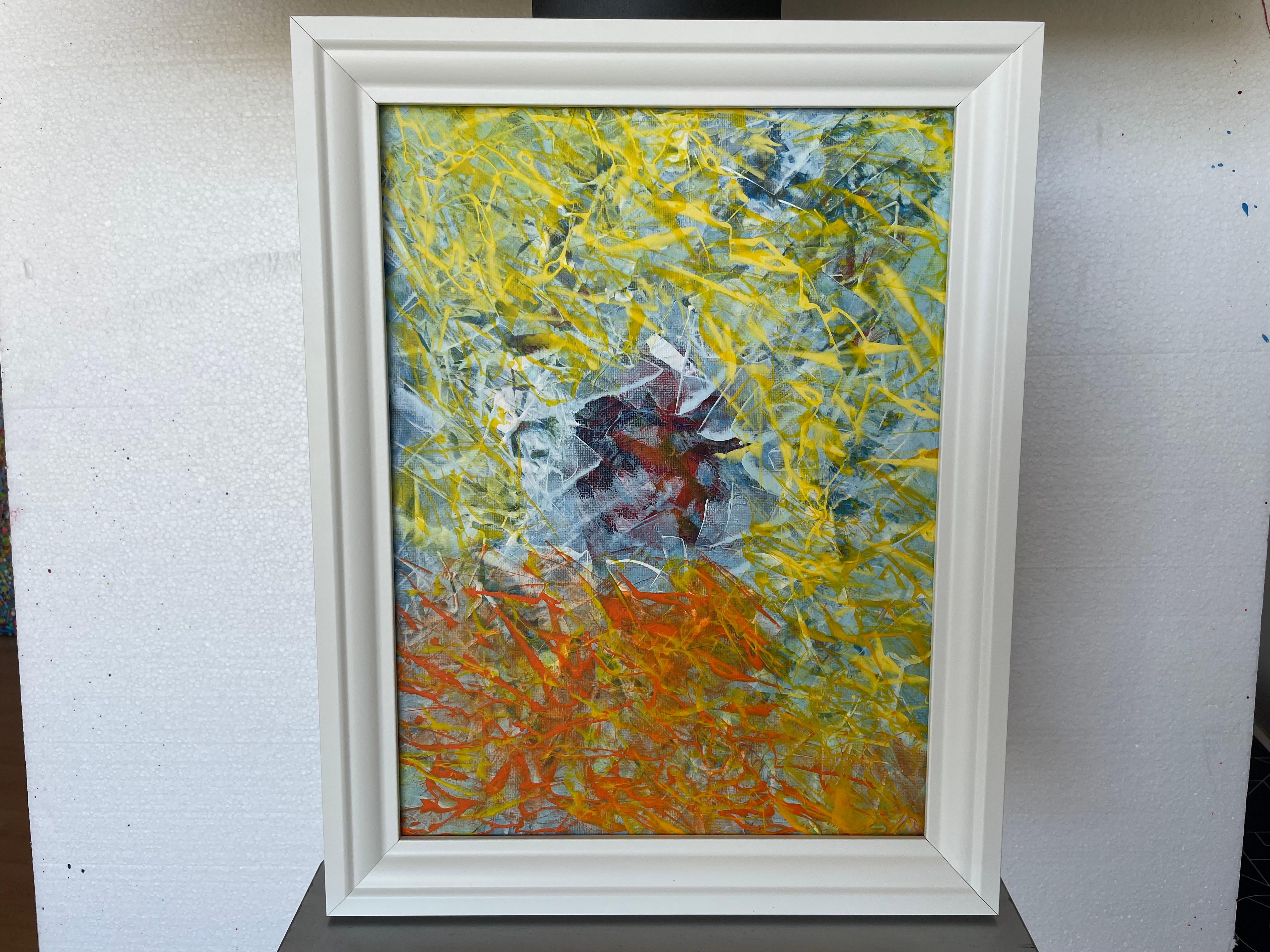 A painting in abstract acrylic is an explosion of shapes, textures, and colors that invite personal interpretation. Across the canvas, dynamic and free brushstrokes intertwine, creating layers of depth and movement. Vibrant tones, like intense reds