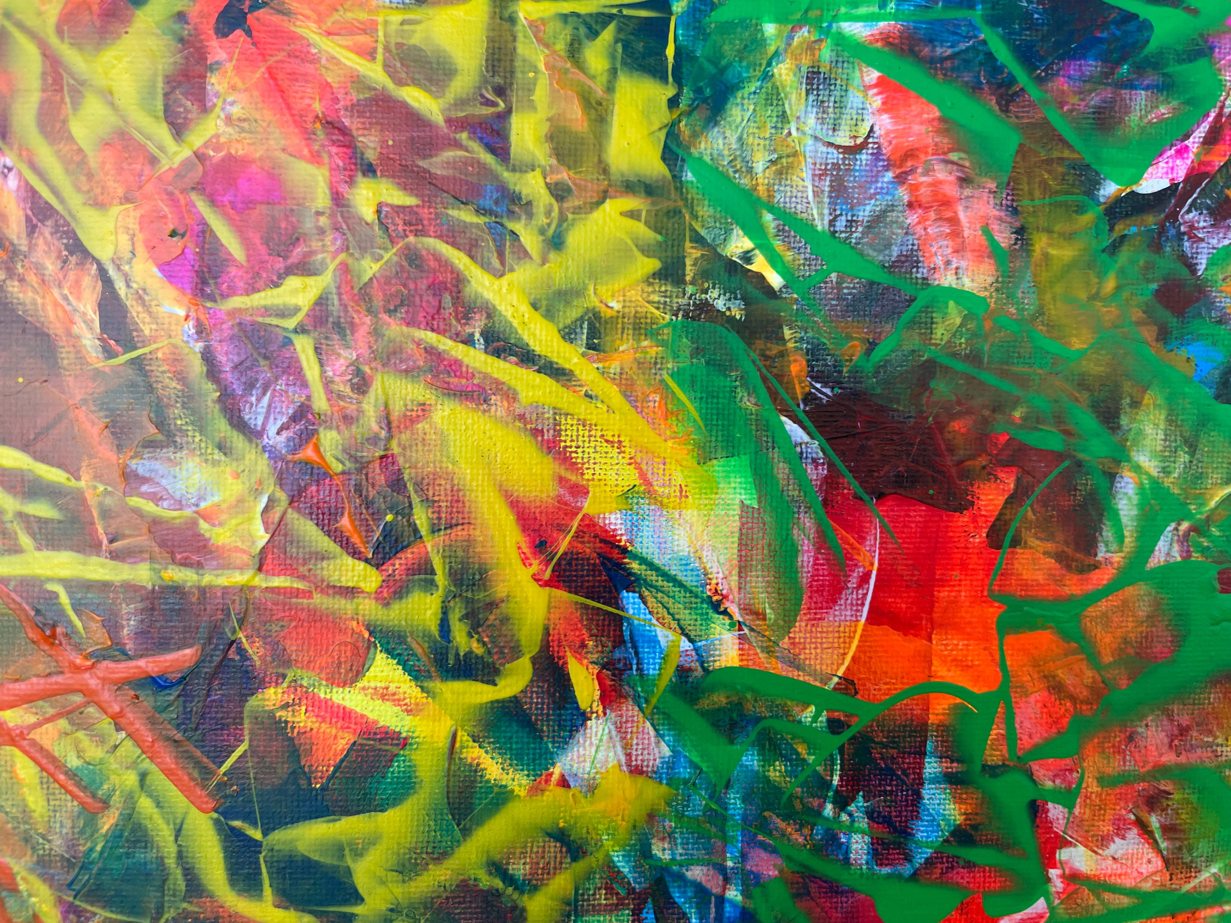 Ein abstraktes Acrylbild ist eine Explosion von Formen, Texturen und Farben, die zur persönlichen Interpretation einladen. Dynamische und freie Pinselstriche verflechten sich auf der Leinwand und schaffen Schichten von Tiefe und Bewegung. Kräftige