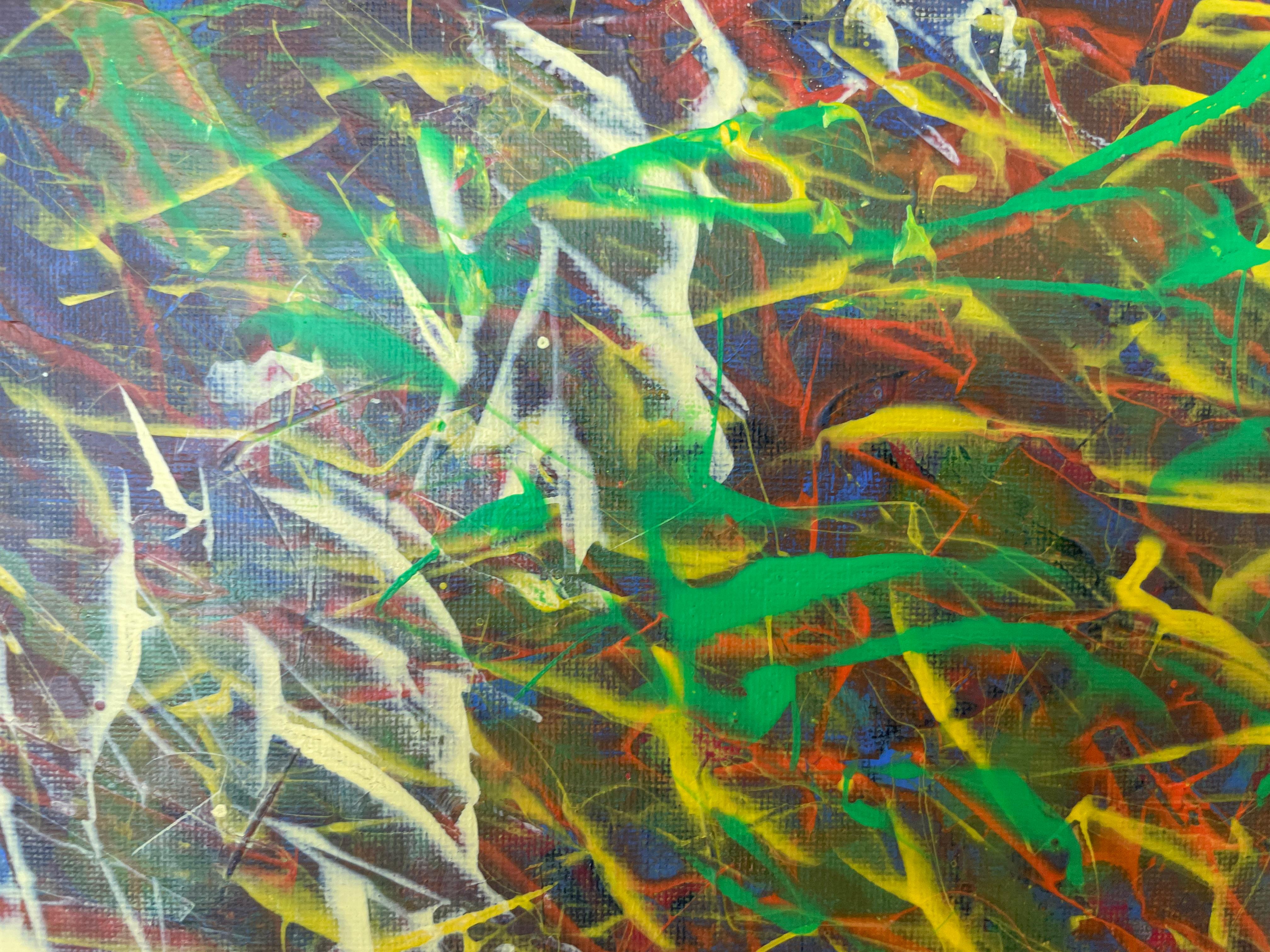 Ein abstraktes Acrylbild ist eine Explosion von Formen, Texturen und Farben, die zur persönlichen Interpretation einladen. Dynamische und freie Pinselstriche verflechten sich auf der Leinwand und schaffen Schichten von Tiefe und Bewegung. Kräftige